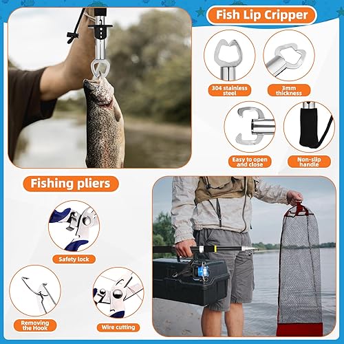 Miniatura 3 de Telescopic Fishing Rod and Reel Combo 2 Pcs Collapsible Fishing Pole Kit with Plier Lip Gripper Lures Carrier Bag Pre-Loaded Spinning Reel for