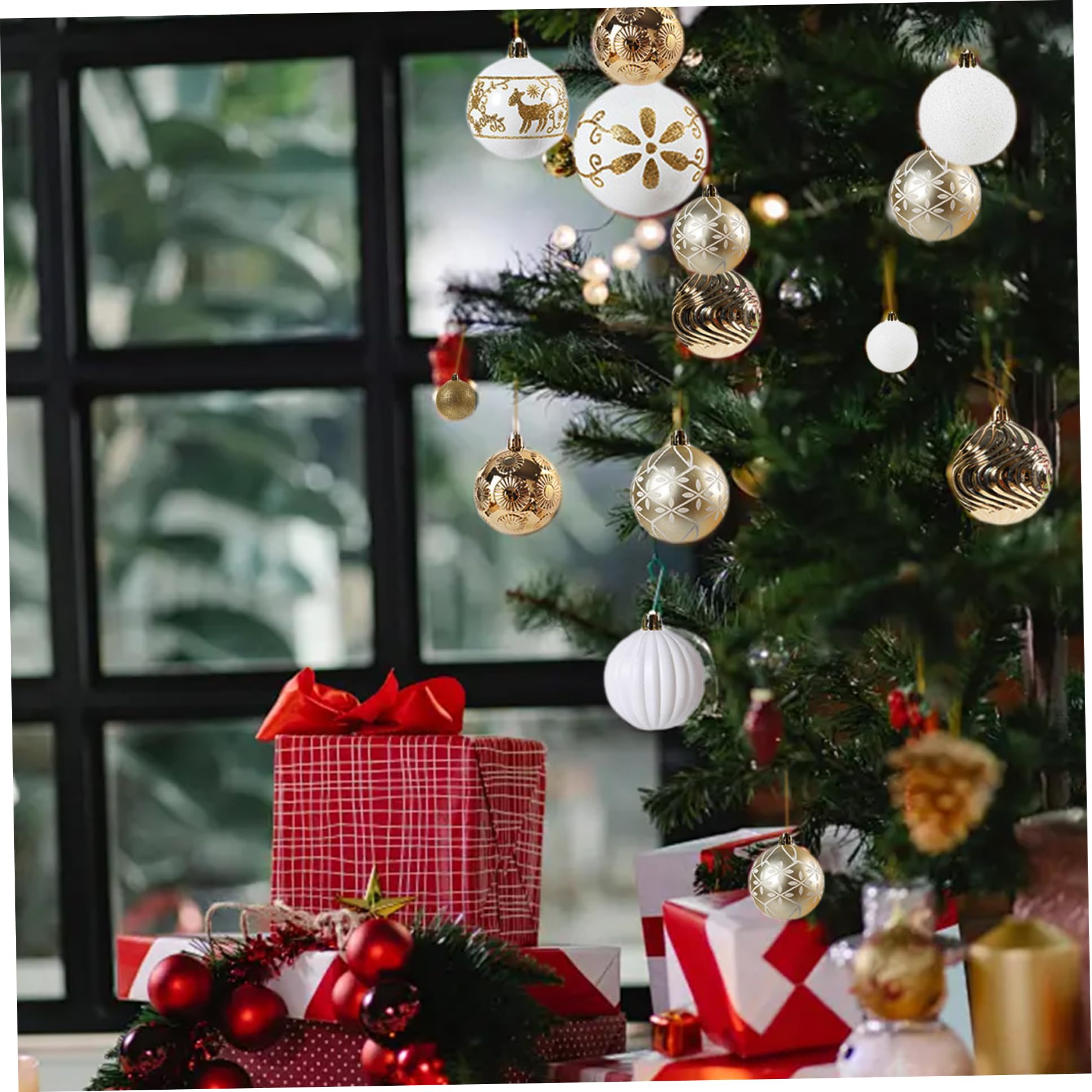 34 Unids/Caja Bolas de Navidad 2.4 Adornos de Bolas de Navidad con Purpurina de PVC irrompibles con Lazo para Colgar para Fiesta navideña Guirnalda de Corona de árbol de, Oro Blanco.