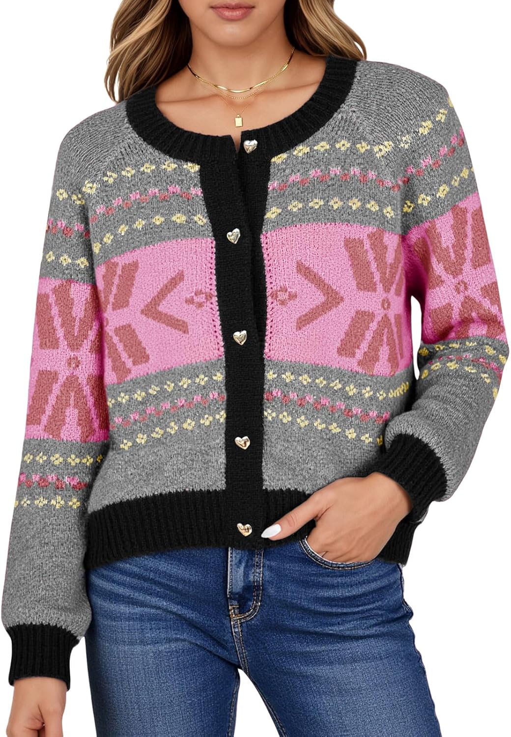 Saodimallsu Womens Button Up Cardigan Sweaters Crew Neck Vintage Fair Isle Long Sleeve Warm Knit Christmas Sweater Coats