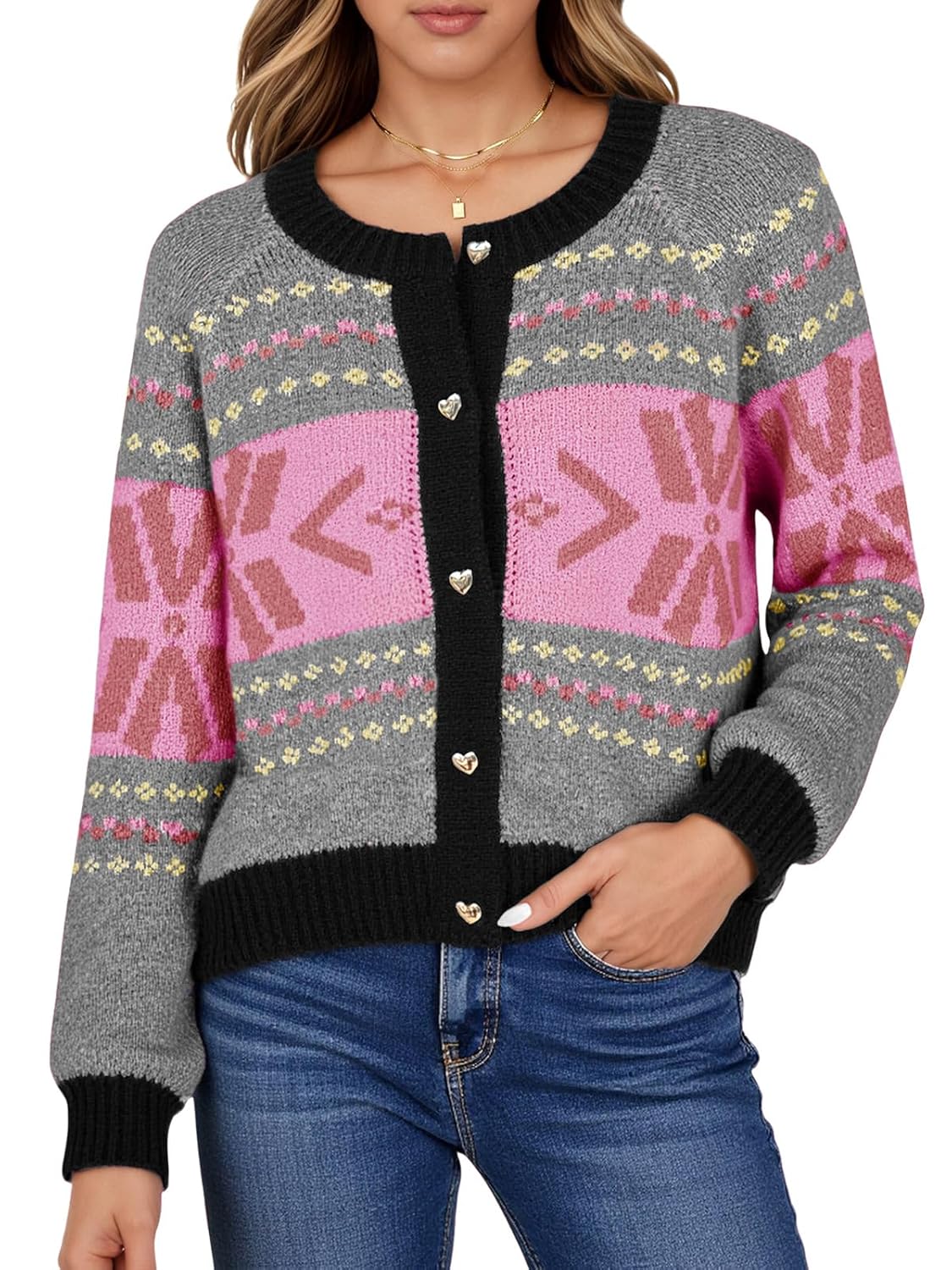 Saodimallsu Womens Button Up Cardigan Sweaters Crew Neck Vintage Fair Isle Long Sleeve Warm Knit Christmas Sweater Coats