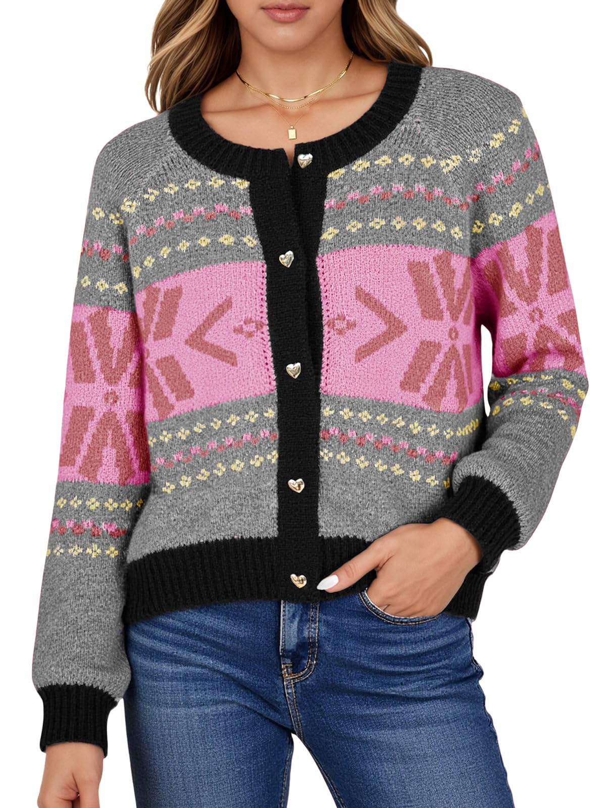 Saodimallsu Womens Button Up Cardigan Sweaters Crew Neck Vintage Fair Isle Long Sleeve Warm Knit Christmas Sweater Coats