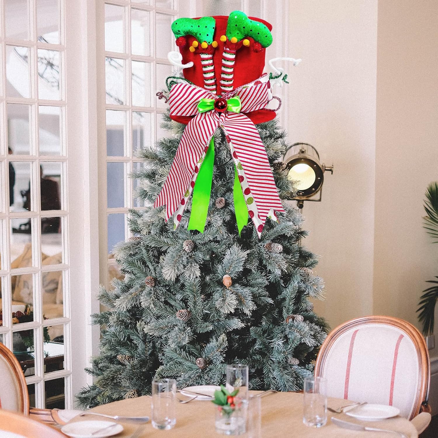 KAHEIGN Punte per Albero di Natale, 25CM Grande Rosso Puntale per Albero di Natale Cappello a Cilindro con Gambe da Elfo e Nastro a Strisce per Casa Natale Inverno Festa Decorazione Desktop Ornamenti
