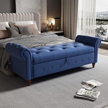 NIOIIKIT 63 Storage Ottoman Bench, Tufted Entryway Bench Blue Polyester