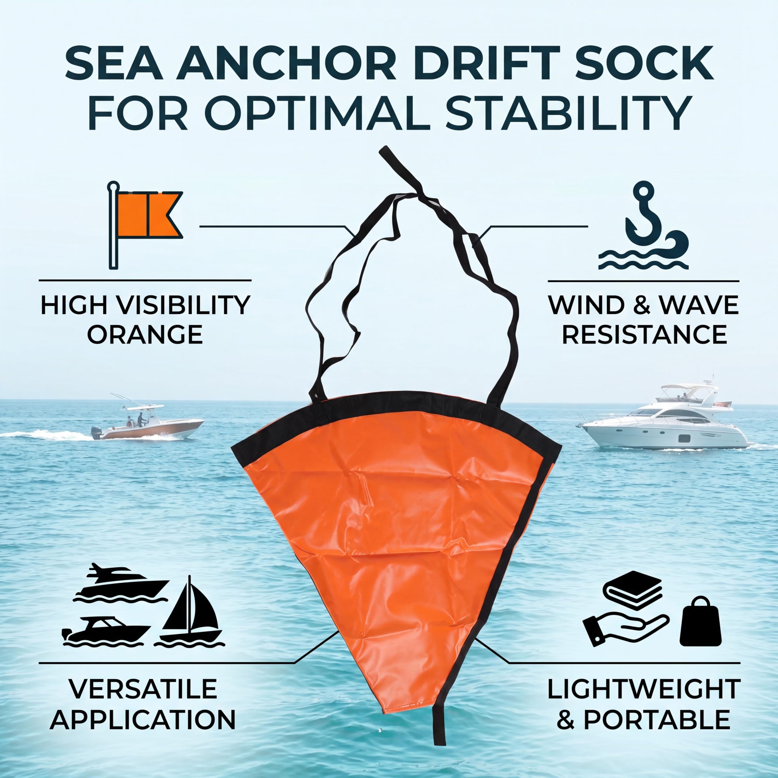 Driftsocke, Drogue Orange Marine Anchor Tragbar, Gut Sichtbar für Marineboote (32 Zoll, passend für 16-20-Fuß-Boote)