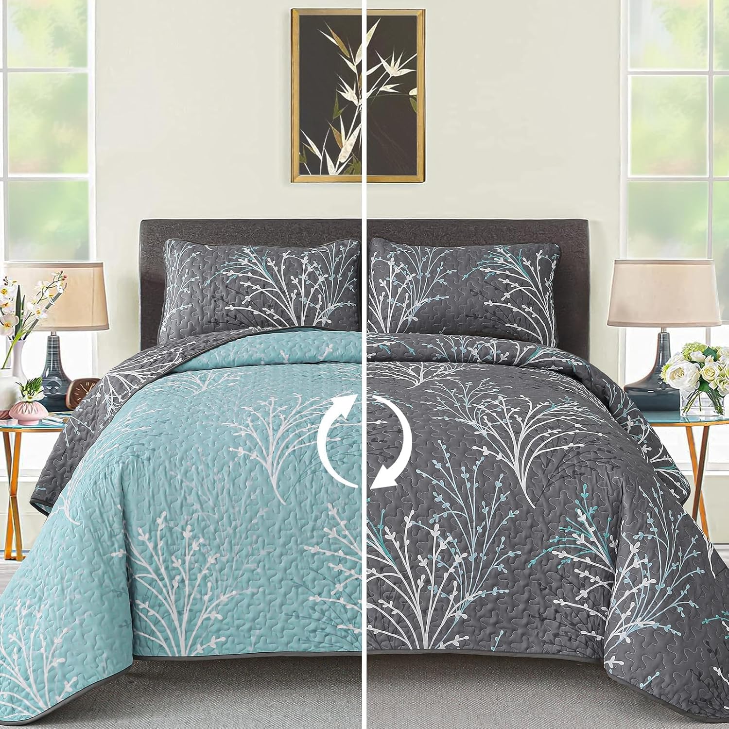 DJY King Size Quilt Set Grey Blue Reversible Bedspread Coverlet Set 3 Piece, Branch Floral Lightweight Microfiber Botanical Quilted Bedding Set with Pillowcases for All Season (110''x90'') King Grey Blue
