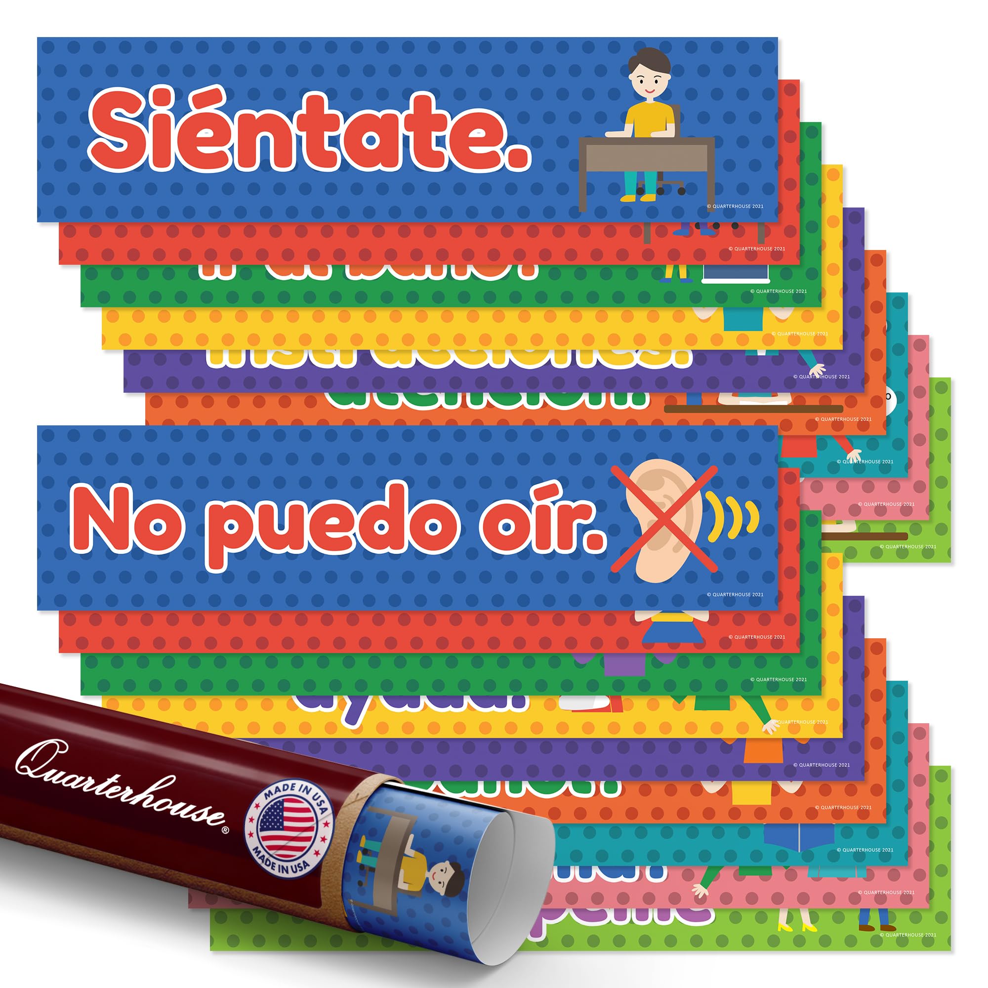 Quarterhouse 18 Spanish Classroom Phrases and Commands Placard Label Set, Spanish Classroom Learning Materials for Pre-K and K-12 Students and