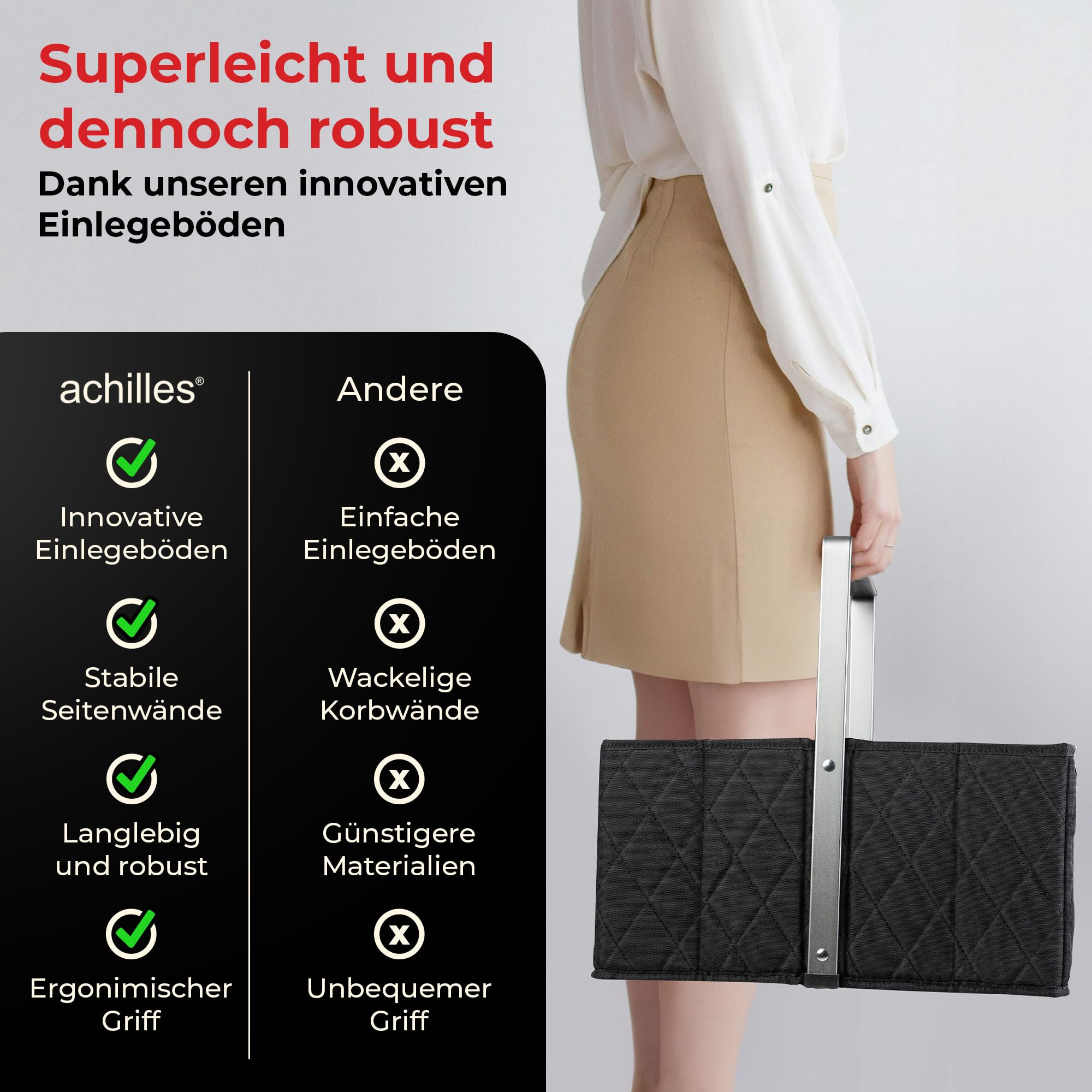 achilles Einkaufskorb Edge - praktischer Tragekorb zum Einkaufen - klappbare Einkaufsbox mit Alu-Griff - platzsparender Korb für den Auto Kofferraum - schwarz