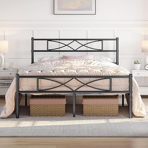 Miniatura 59 de Yaheetech Base de cama de metal tamaño matrimonial, base de cama de plataforma, base de colchón con cabecera y estribo de diseño curvo, no necesita