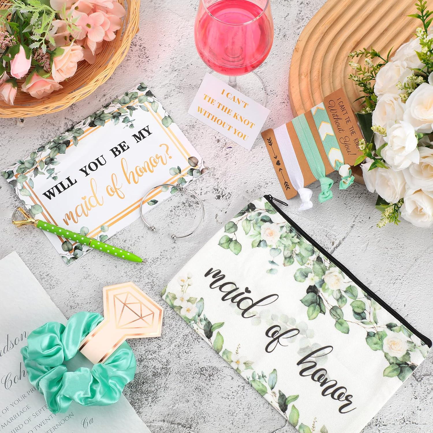 Yexiya 13 Pcs Bridesmaid Proposal Box Gifts Set Will You Be My Maid of Honor Gifts 6 oz Stainless Steel Wine Tumbler Socks Scrunchie for Pen Engagement Wedding Bachelorette Party Supply(Eucalyptus)