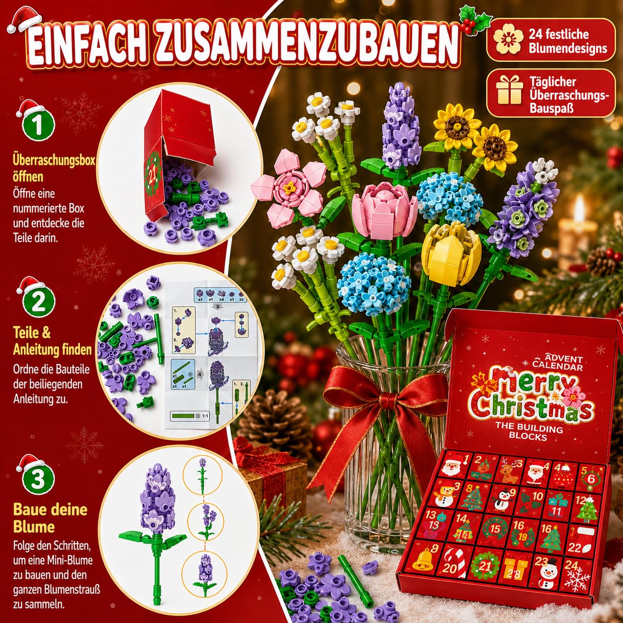 Calendrier de l'Avent 2025 Building Blocks Fleurs 24 jours Calendrier de l'Avent 24 jours – Blocs de construction Fleurs 24 Surprise (Fleurs)