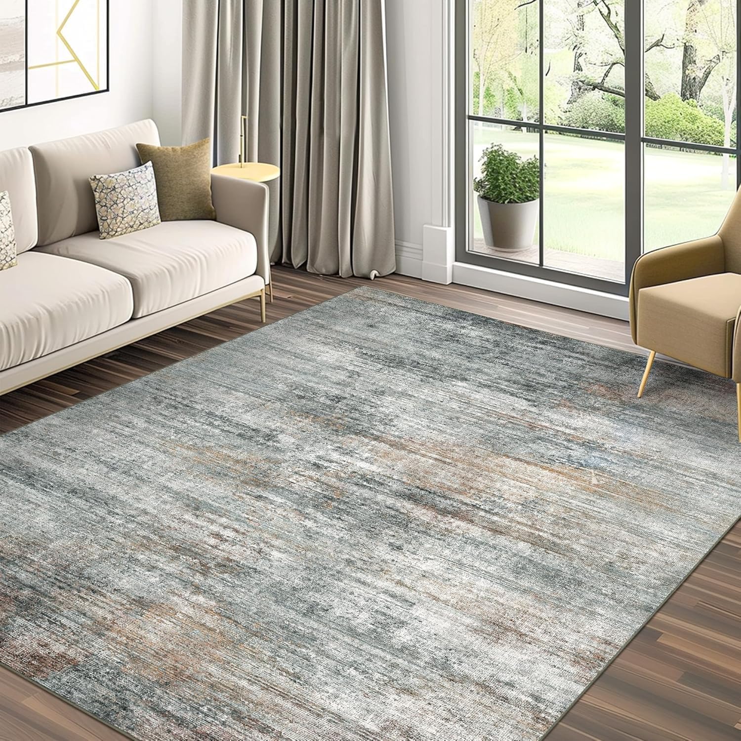 Area Rugs 6x9 for Living Room Bedroom, Modern Abstract Machine Washable Rug, Large Soft Low Pile Floor Cover with Non Slip Backing for Dining Room, Ash Gray Brown