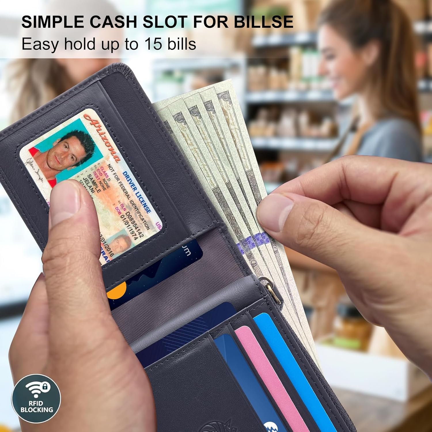 Genuine Leather Men's Wallet with Zipper Vintage RFID Blocking Large Capacity Walle... - Image 7