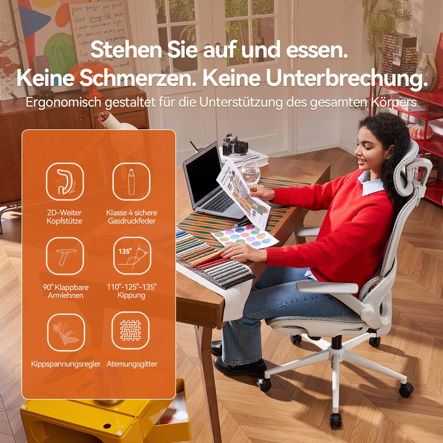 SIHOO Bürostuhl Ergonomisch mit 4D Lordosenstütze, Kopfstütze & Klappbaren Armlehnen, Neigung 90-135°, Weiß
