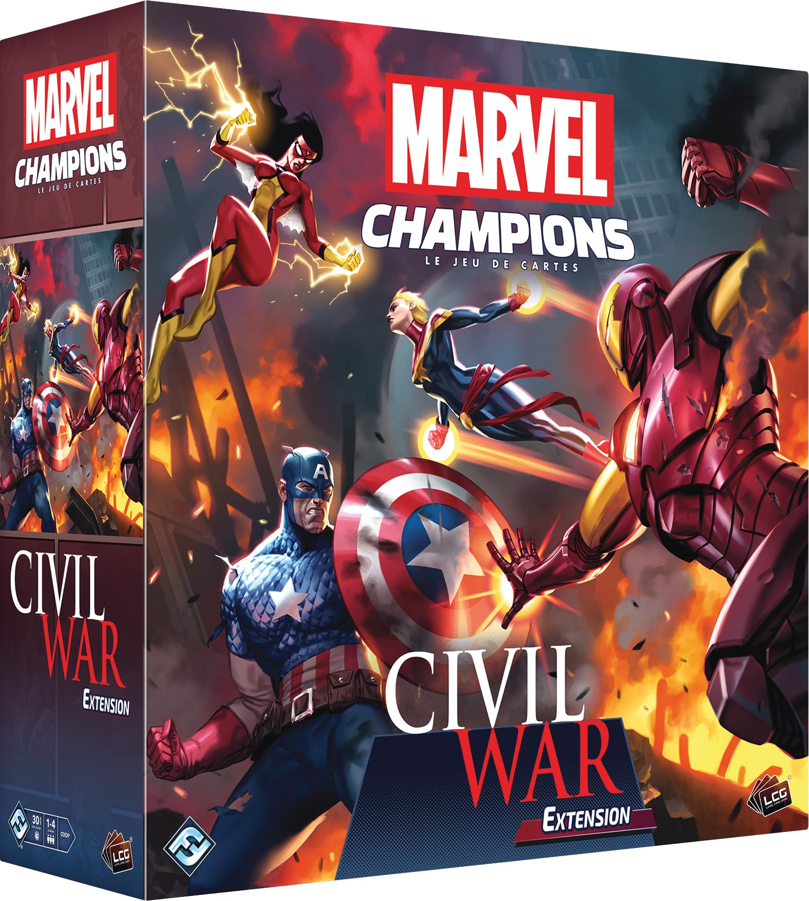 Asmodee Marvel Champions: Civil War – FFG – Extensión de Juego de Cartas cooperativo – 2 Decks preconstruidos – 4 escenarios para enfrentar a los Vengadores – Versión Francesa