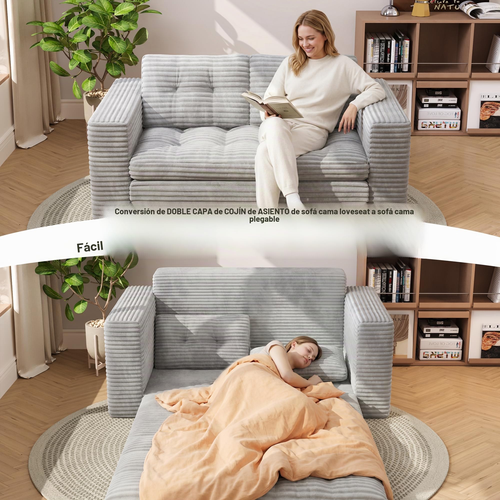 Xbro Sofa Cama 2 Plazas, Sillón Cama Convertible 3 en 1, Sofa Comprimido para Sala de Estar, Tela de Pana, 150 x 86 x 75cm, Gris Claro