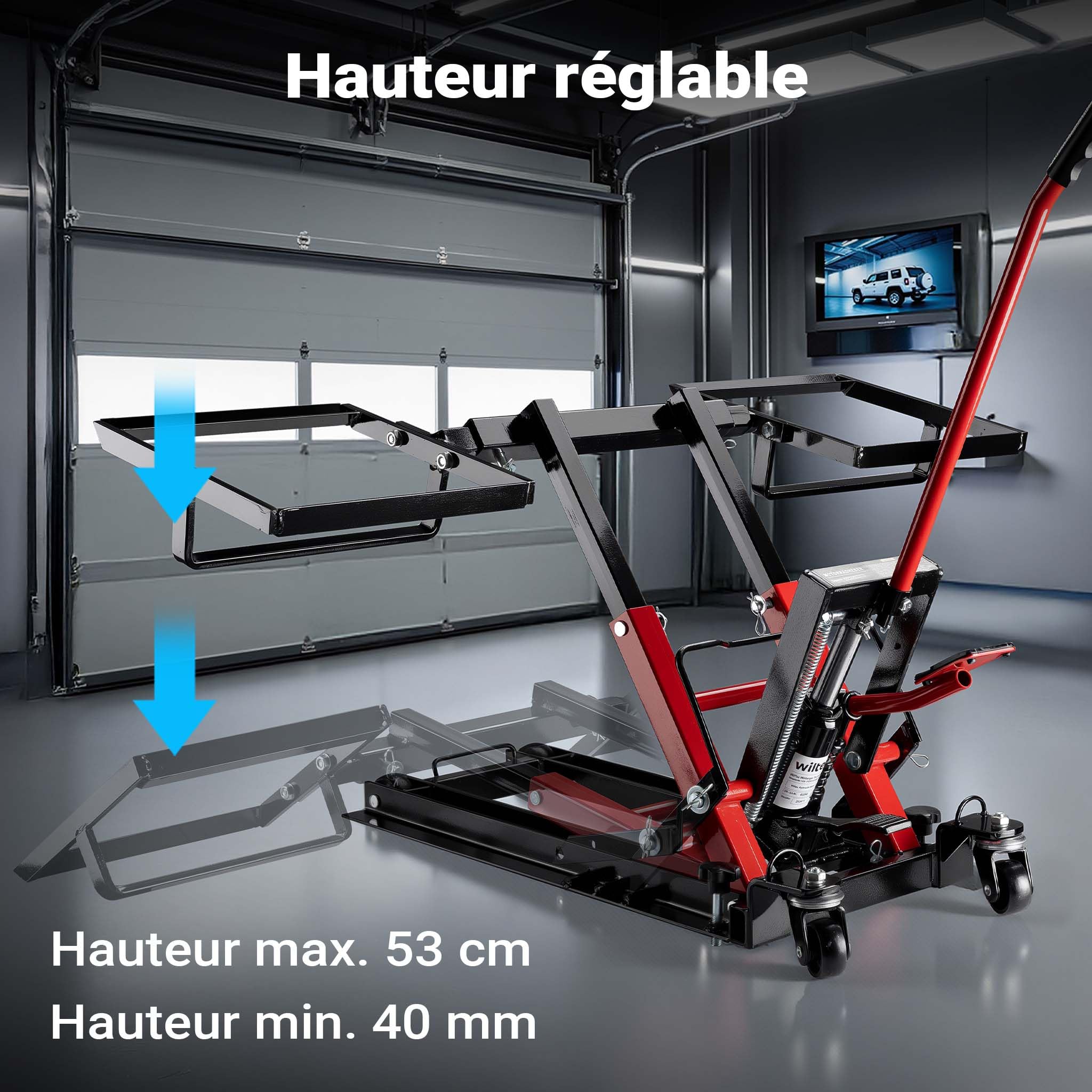 Wiltec Cric hydraulique 3 en 1 – Capacité Max. 300 kg – Hauteur de Levage Max. 530 mm – pour Motos, quads et tracteurs à Gazon – Support de Levage, Pont élévateur 4 Roues