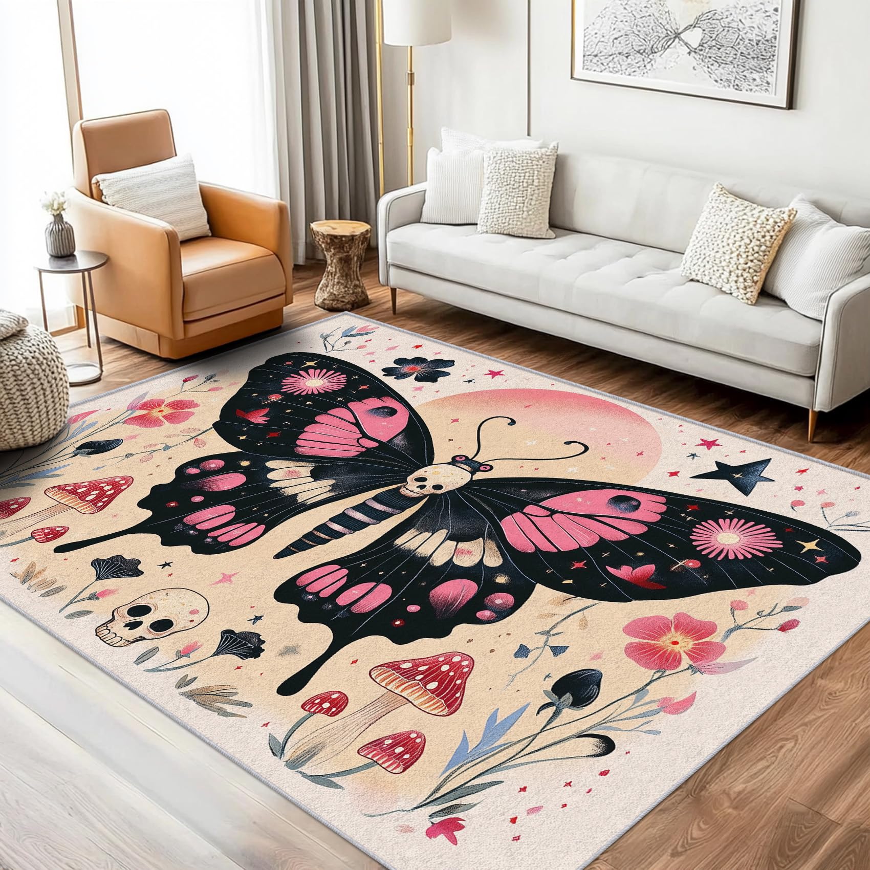 Washable Death Moth Rug 4x5, Gothic Skull Area Rugs for Bedroom Living Room - Kids Boho Mushroom Wildflower Pattern Design Carpet Home Decor, Non Slip