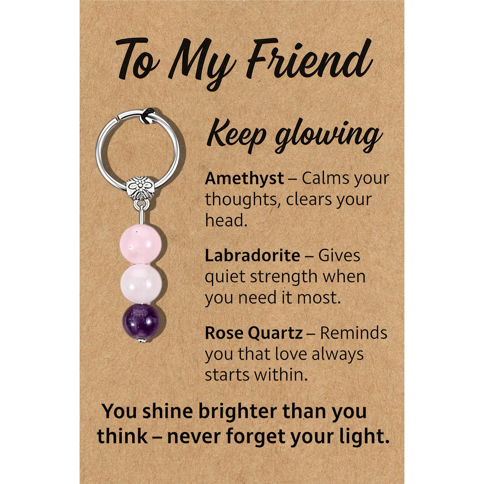 PHIOMUUE Encouragement Gift for Friend, Crystal Keychain with “Keep Glowing” Message, Uplifting Friendship Present with Amethyst, Labradorite & Rose Quartz, Good Luck & Support Token