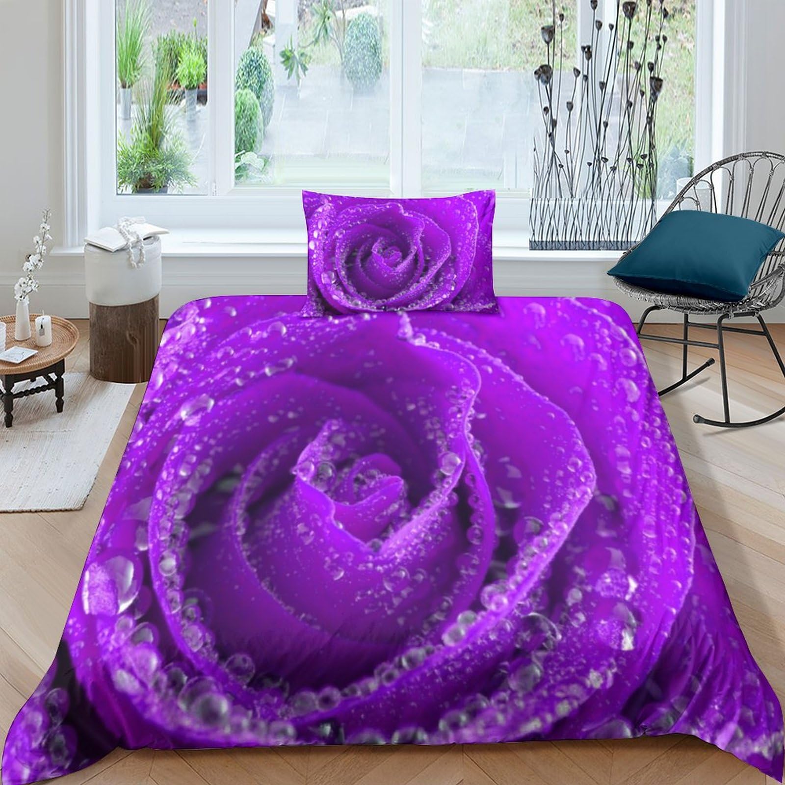 Housses de couettes microfibre anti-plis IOFEER parure lit rose sans repassage 135x200