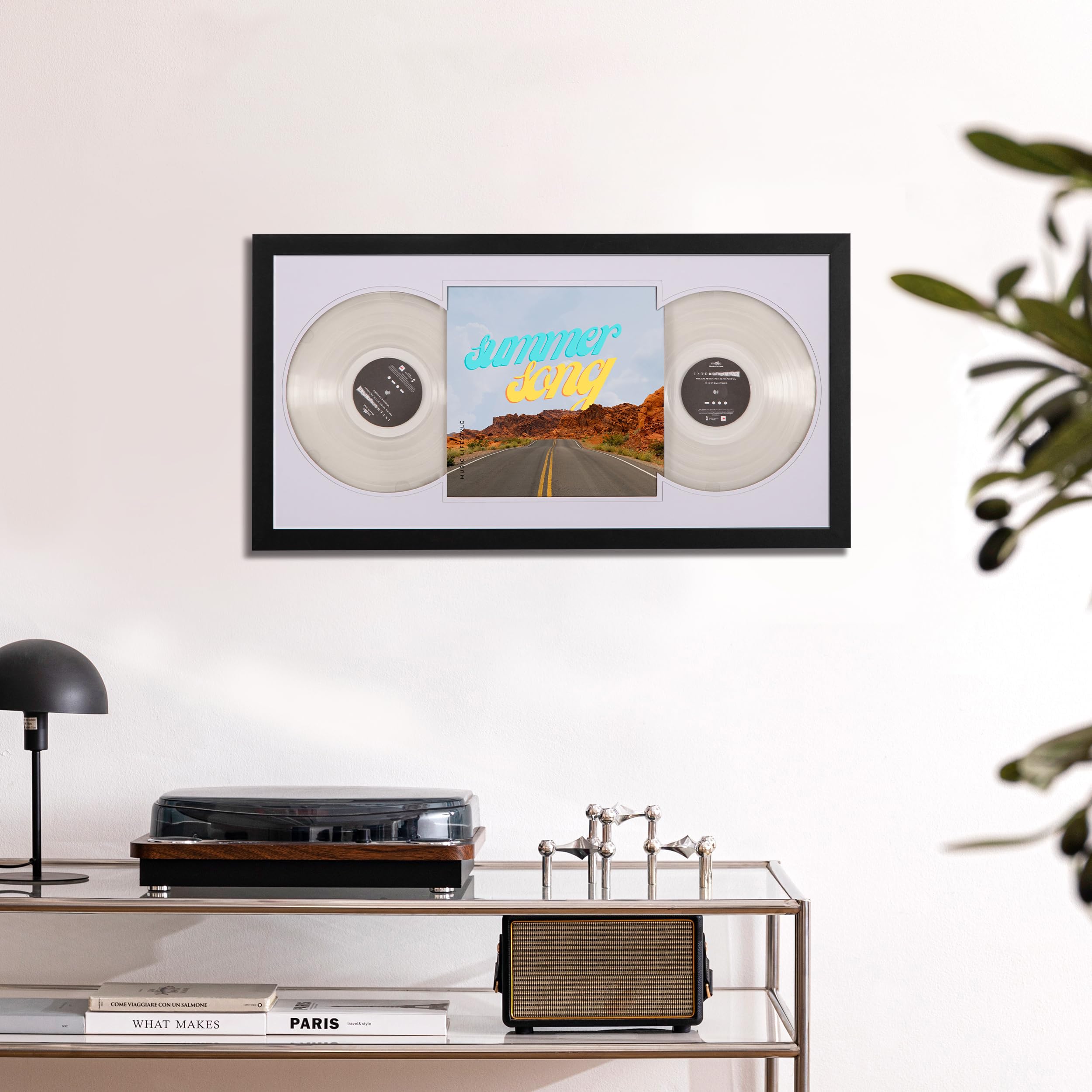 eletecpro 40,6 x 81,3 cm Schallplattenrahmen für 30,5 cm (12 Zoll) Doppel-LP-Schallplatten-Display, schwarzer Vinyl-Rahmen mit 2 doppelseitigen Matten (schwarz-weiß), hält Jacke und 2 Schallplatten,