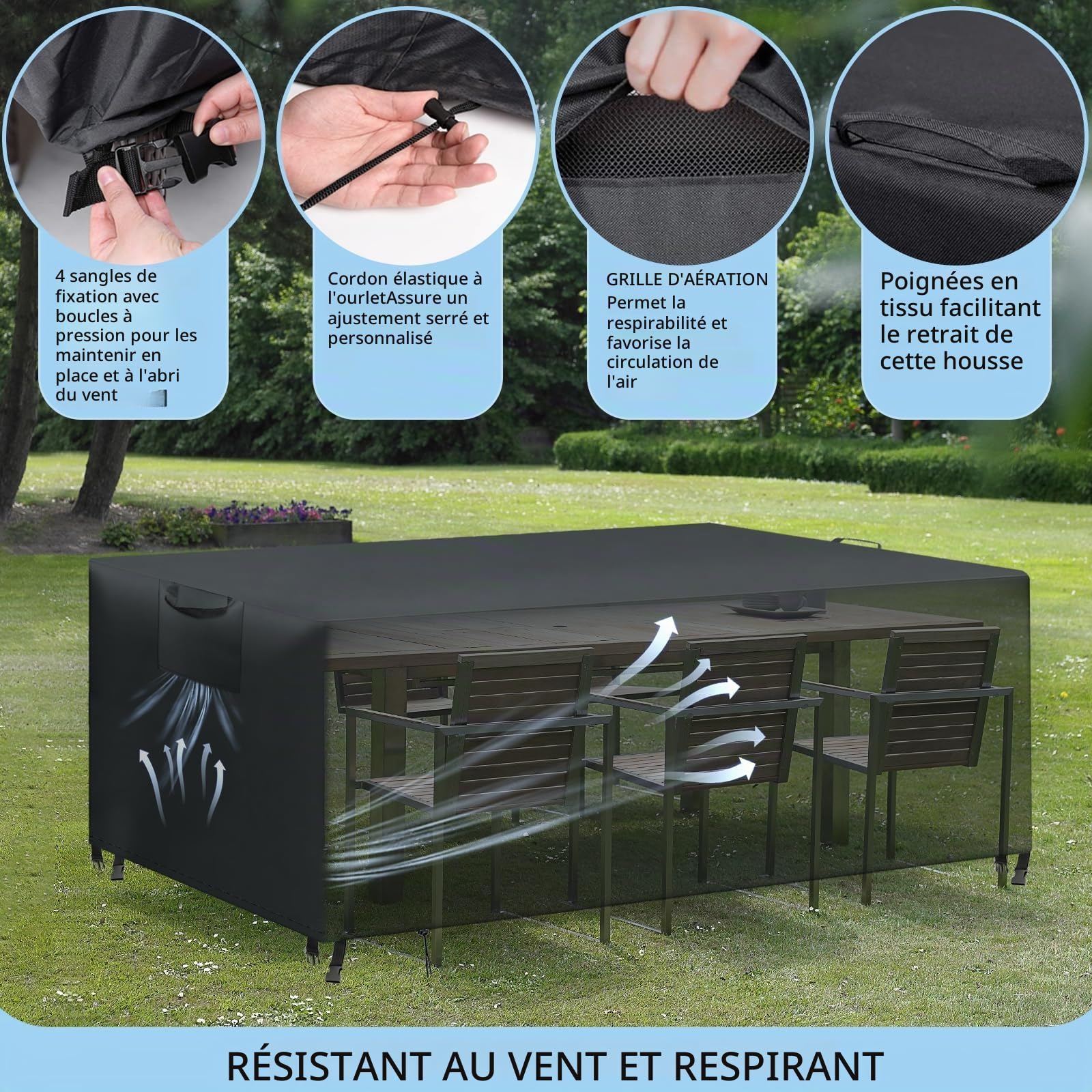 Housse Salon de Jardin, Housse Exterieur Imperméable Anti-UV 420D Tissu Oxford, Noir 300x250x100 cm
