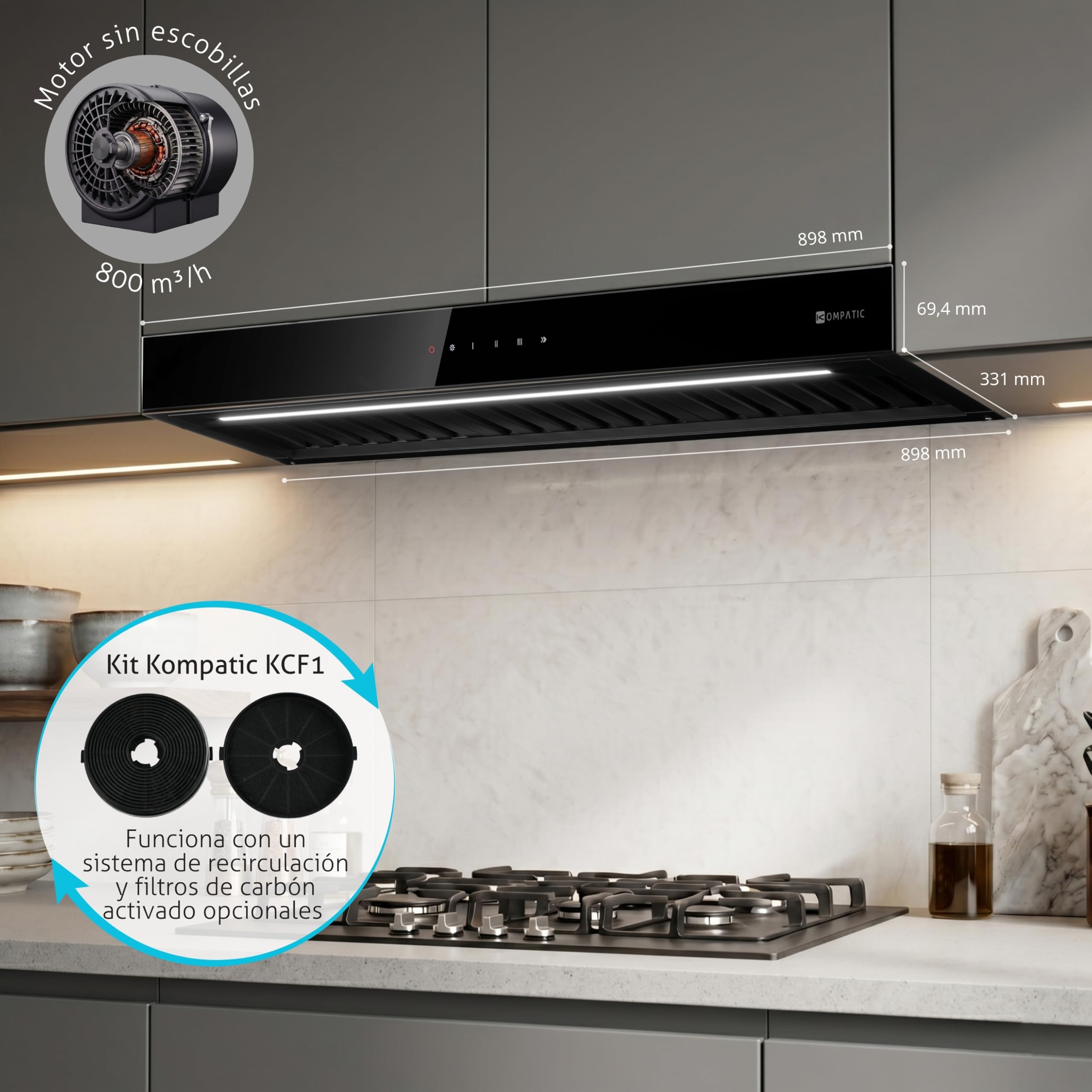 Campana extractora integrable Kompatic Riva 90 KRV90BI, 90 cm, motor brushless 800 m³/h, clase A+++, control táctil, Boost/Super Boost, negro mate.