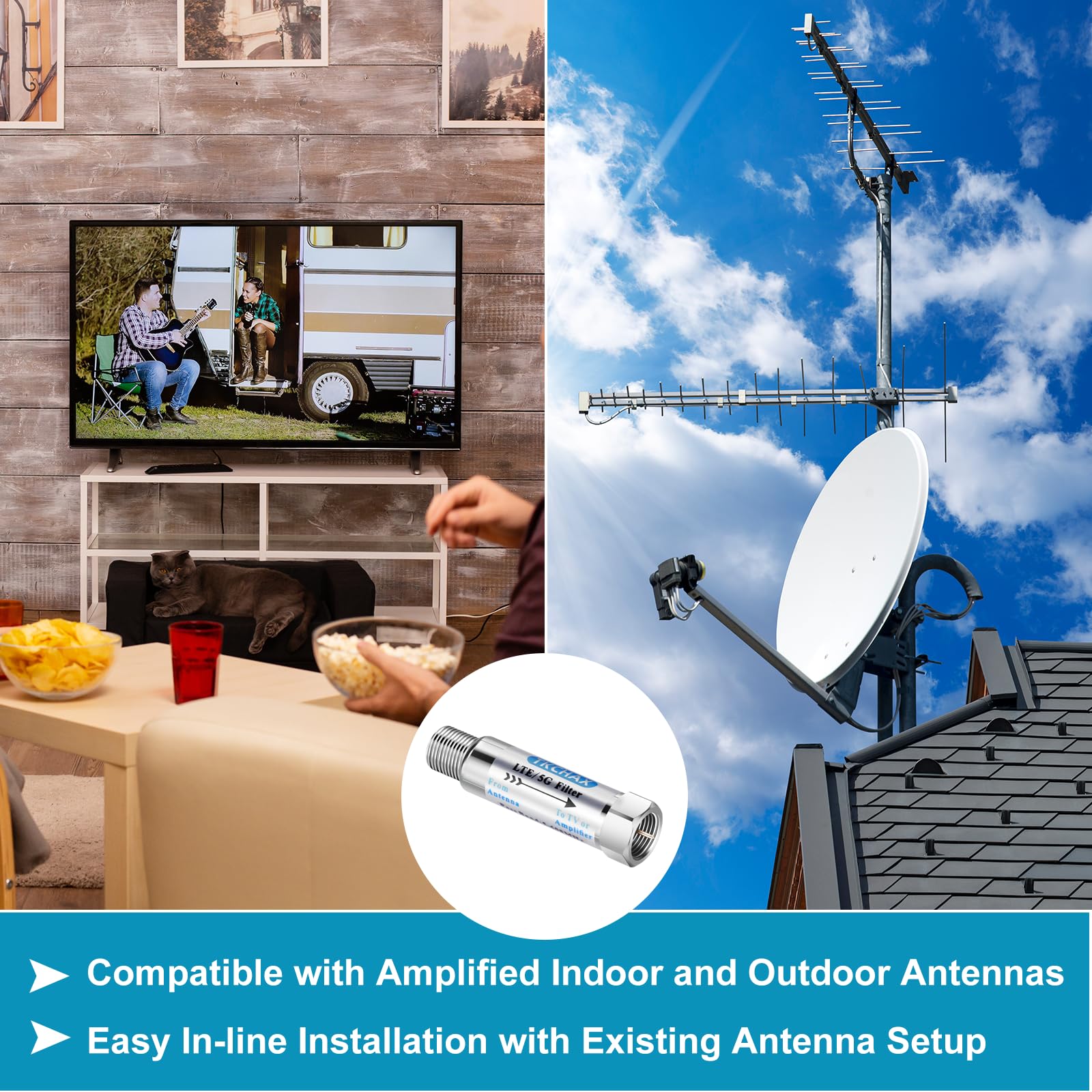Filtre LTE pour antennes TV, réduit la pixelisation et les interférences de signal des réseaux 4G, 5G et LTE, construction en laiton avec placage nickel, bande passante 5-608 MHz, utilisation