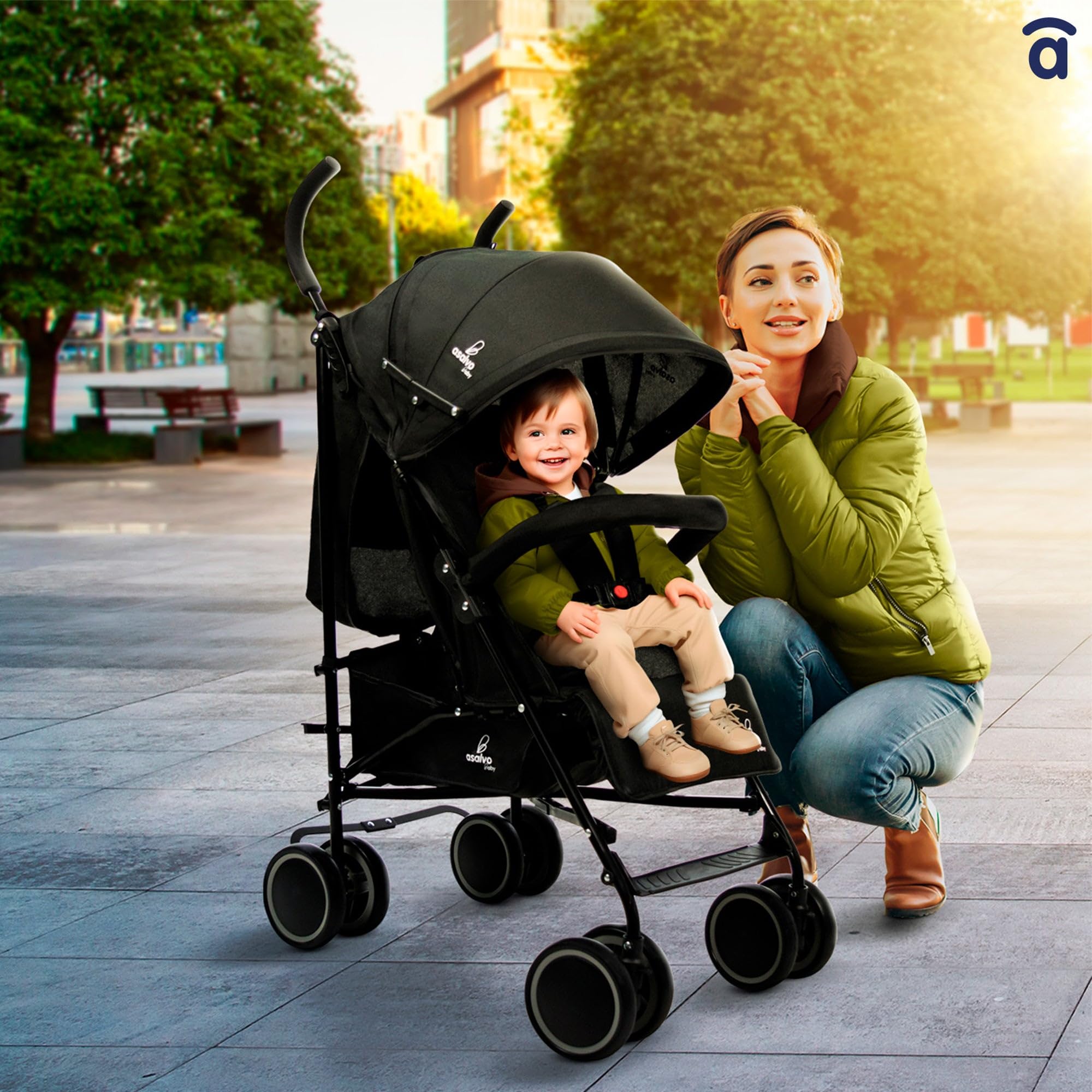Asalvo TOKYO Silla de Paseo Ultraligera para bebé, Carrito de paseo, Respaldo Reclinable, Cochecito urbano, Arnés 5 Puntos, SPF50+, Capota con Ventana, Manejable y Máxima Seguridad, Hasta 16kg, Negro