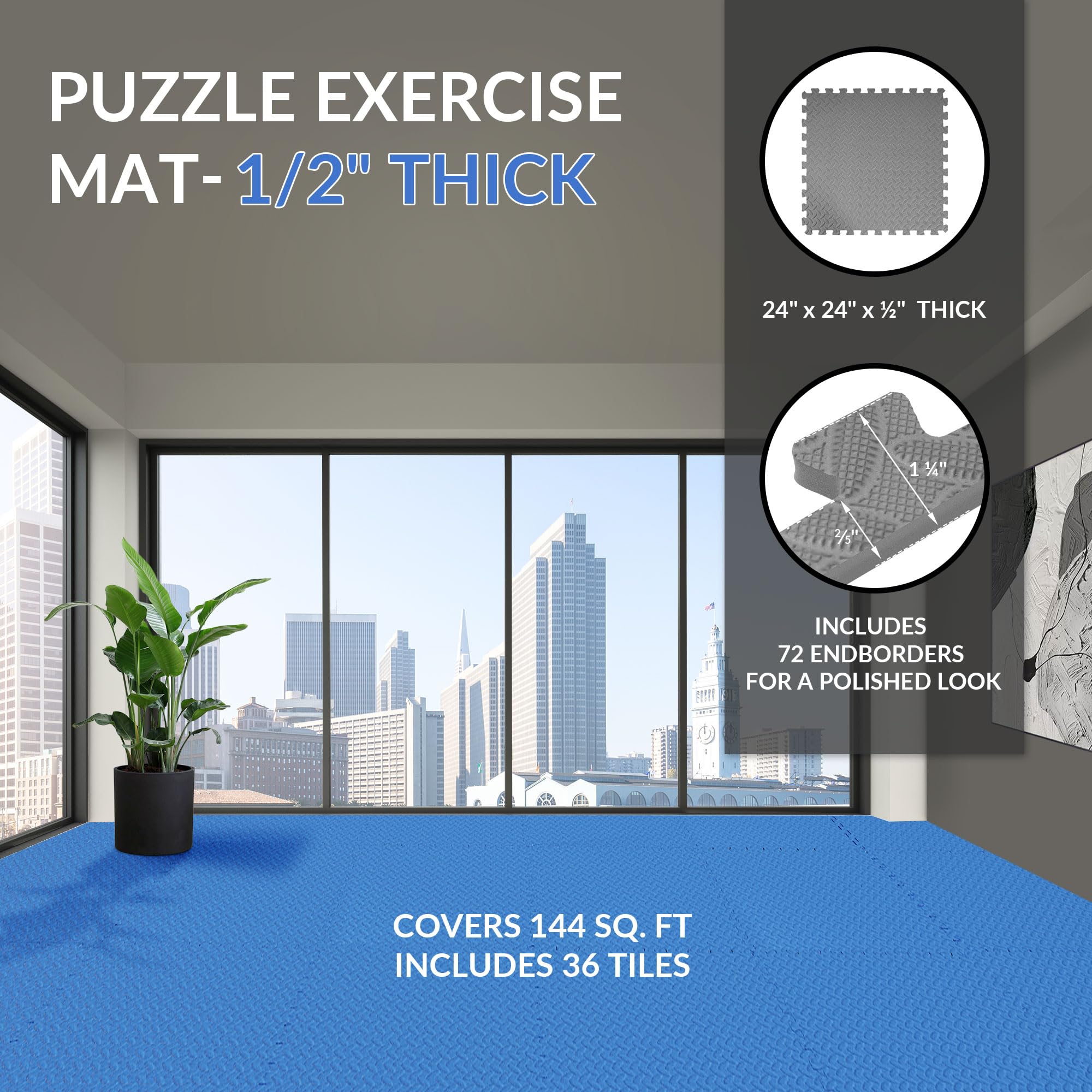Fitvids Mata podłogowa do ćwiczeń puzzli, 1,2 cm grubości, z tworzywa EVA o wysokiej gęstości, mata treningowa do domowej siłowni, sprzętu fitness, MMA, gimnastyki, 36 sztuk, amortyzująca wstrząsy