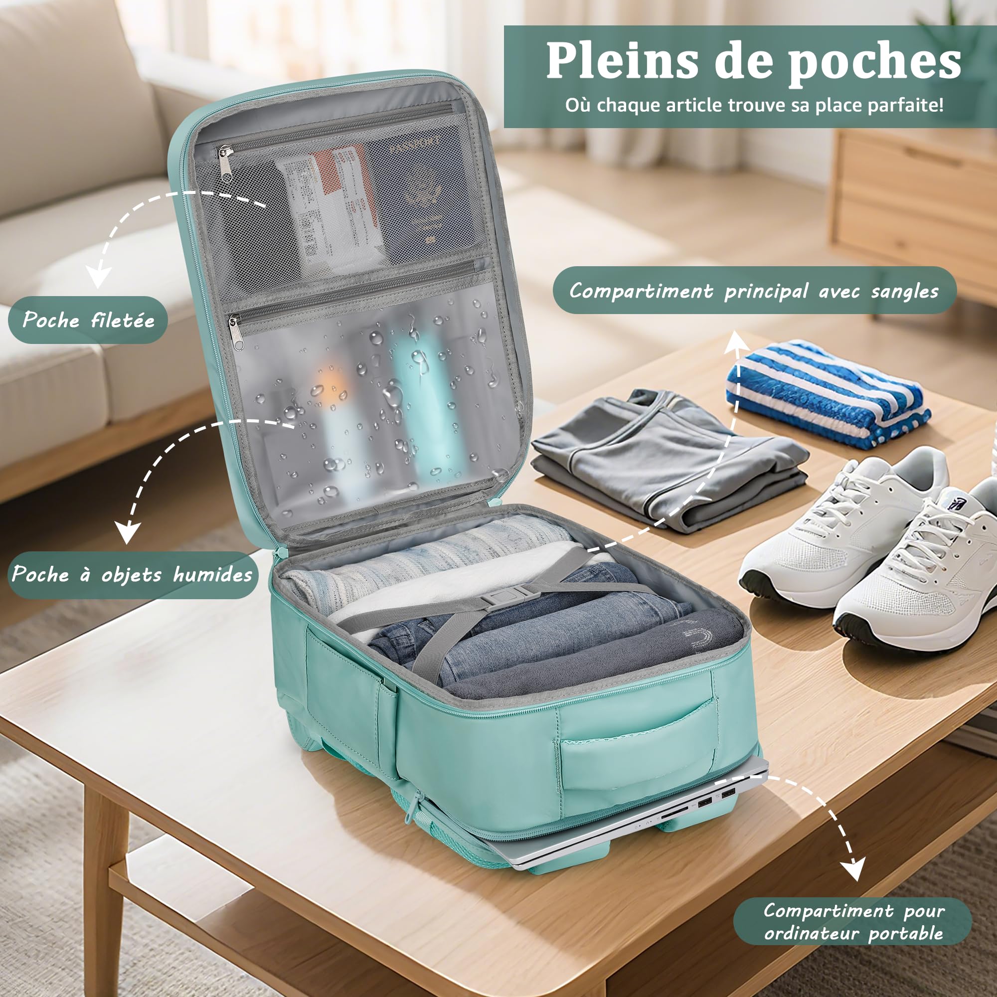 VSNOON Bagage Cabine 40x30x20, 24L Sac a Dos Voyage Cabine Avion à Main avec Poche Humides, Sac à Dos Ordinateur 15 Pouces pour Ryanair, Wizz Air, Transavia, Étanche Bagage pour Homme Femme, Vert