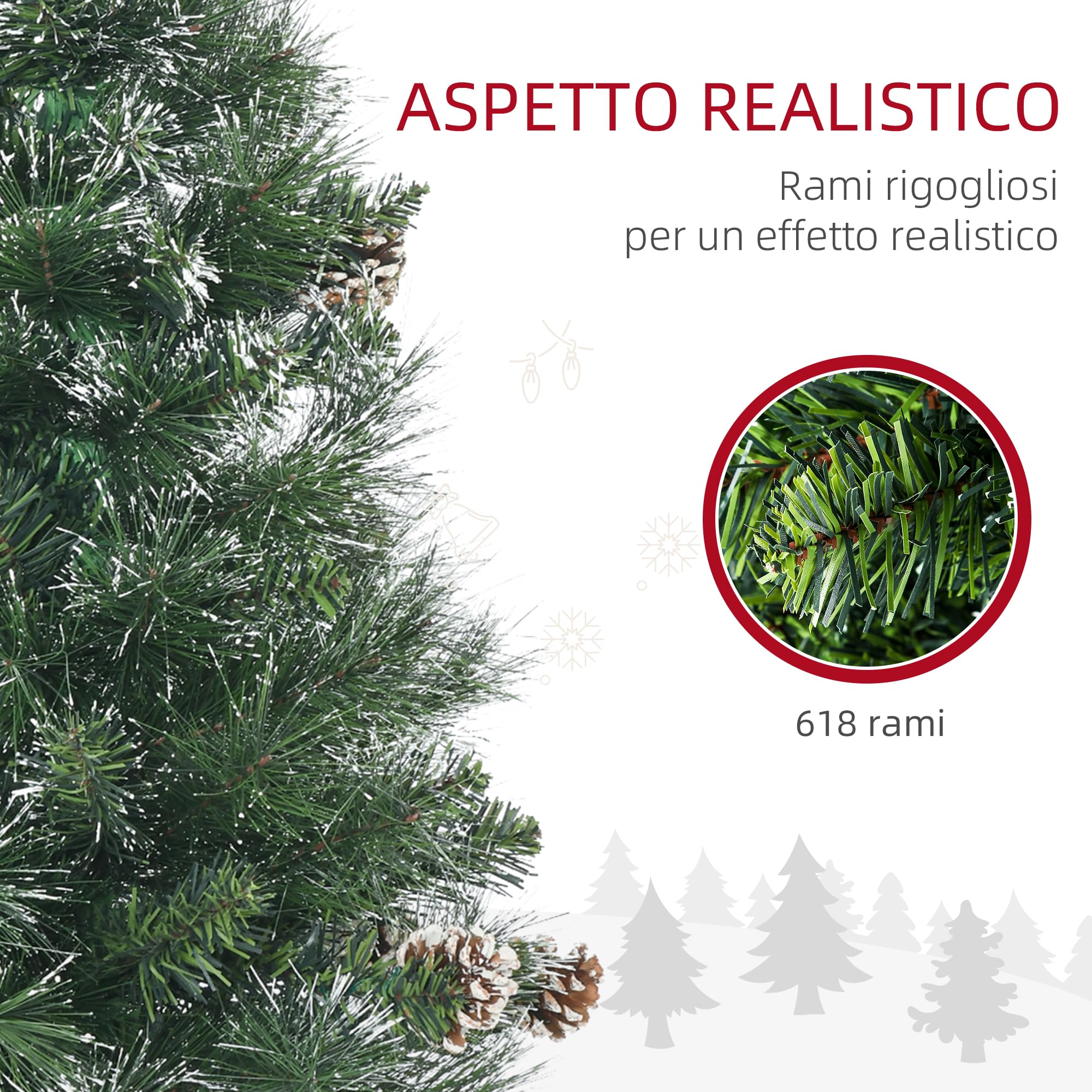 HOMCOM Albero di Natale 180cm con Pigne e 618 Rami Ignifughi Artificiale