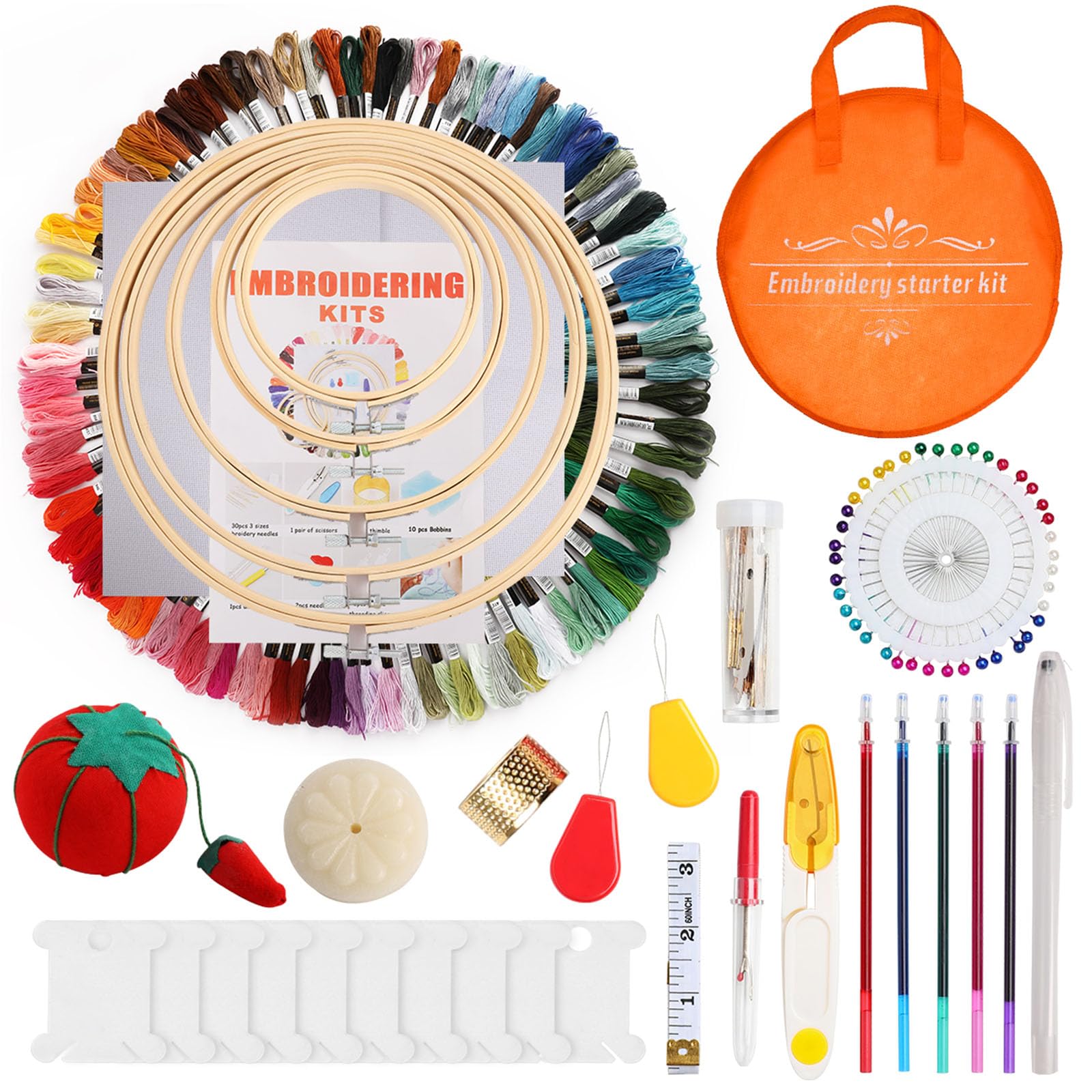 Lerpwige Set di 100 fili da ricamo colorati e strumenti per maglieria, con cerchio per progetti artigianali per esperti, filato morbido