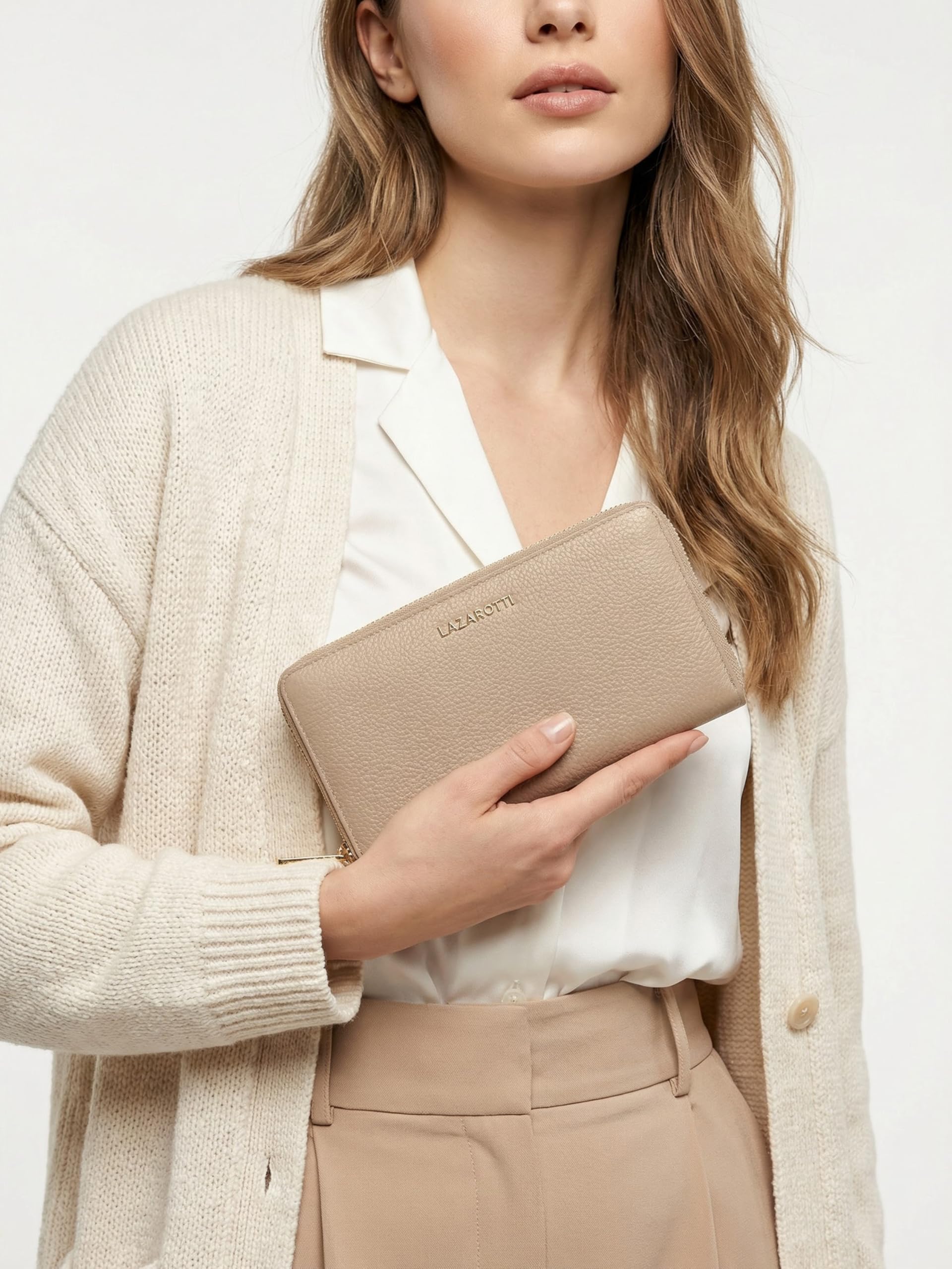 Lazarotti Bolonia - Cartera Grande de Piel para Mujer, Bolsillo Grande con Cremallera, 16 Ranuras para Tarjetas, Monedero, protección RFID, 19 x 4 x 10 cm, Arena, Talla única, Clásico