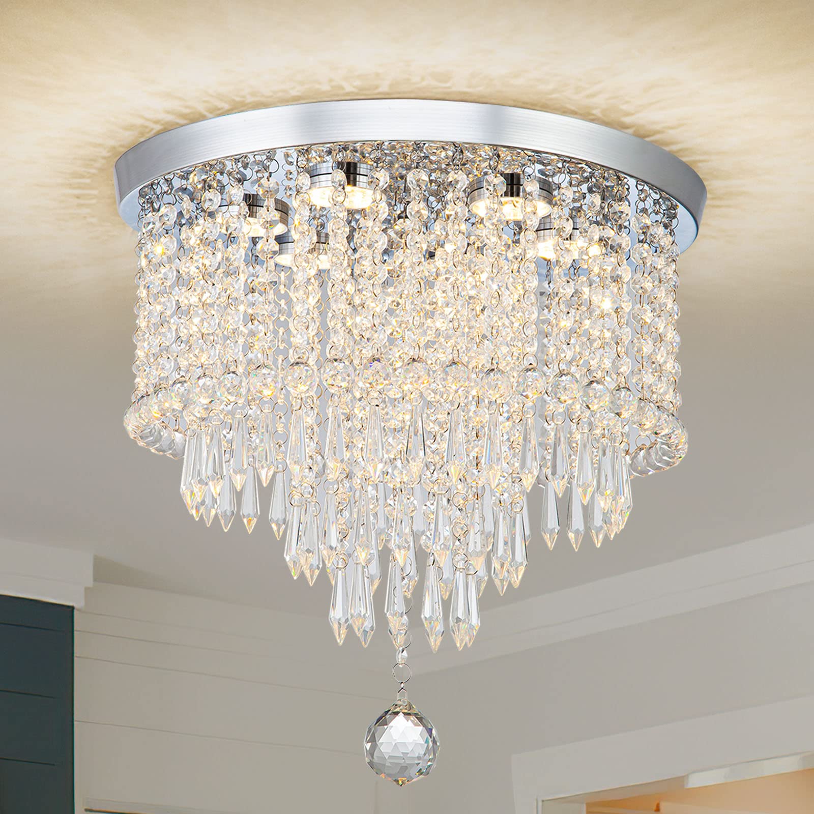 Crystal Chandelier Ceiling Light Fixture Modern LED Chandelier 15.7'' Crystal Ceiling Light Small Flush Mount Chandelier Light Fixture for Bedroom Kitchen Dinning Room Living Room Chandelier