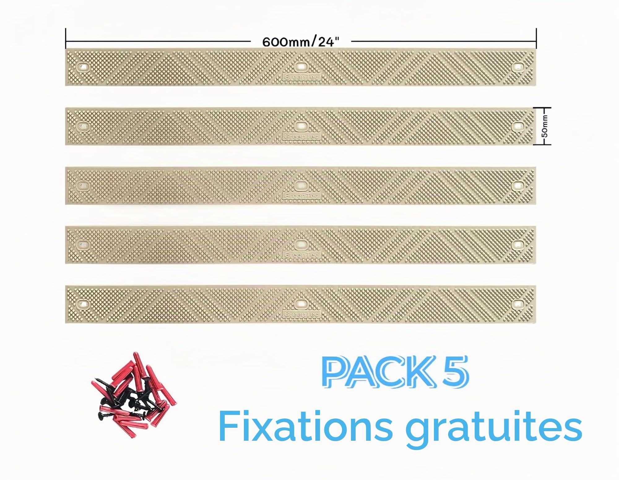 Lot de 5 bandes antidérapantes pour terrasse de 600 mm | Durée de vie de plus de 10 ans | Polypropylène résistant avec fixations | Sécurité extérieure pour les marches et les rampes (Beige)