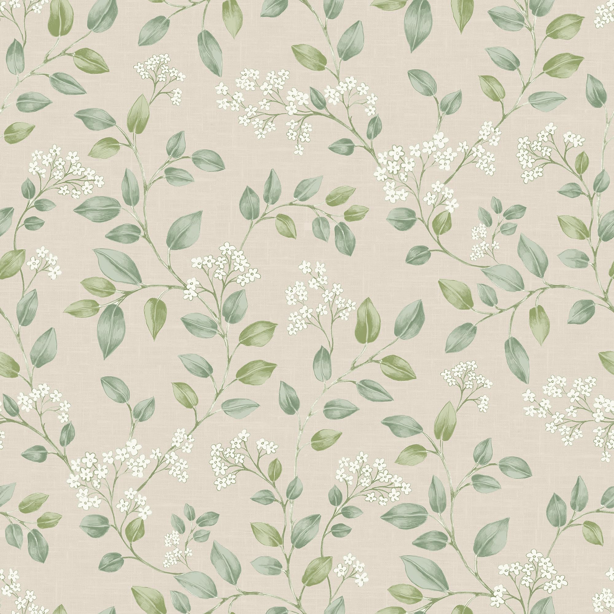 Grandeco Forget Me Not Leaf Trail Smooth Wallpaper, Neutral Green