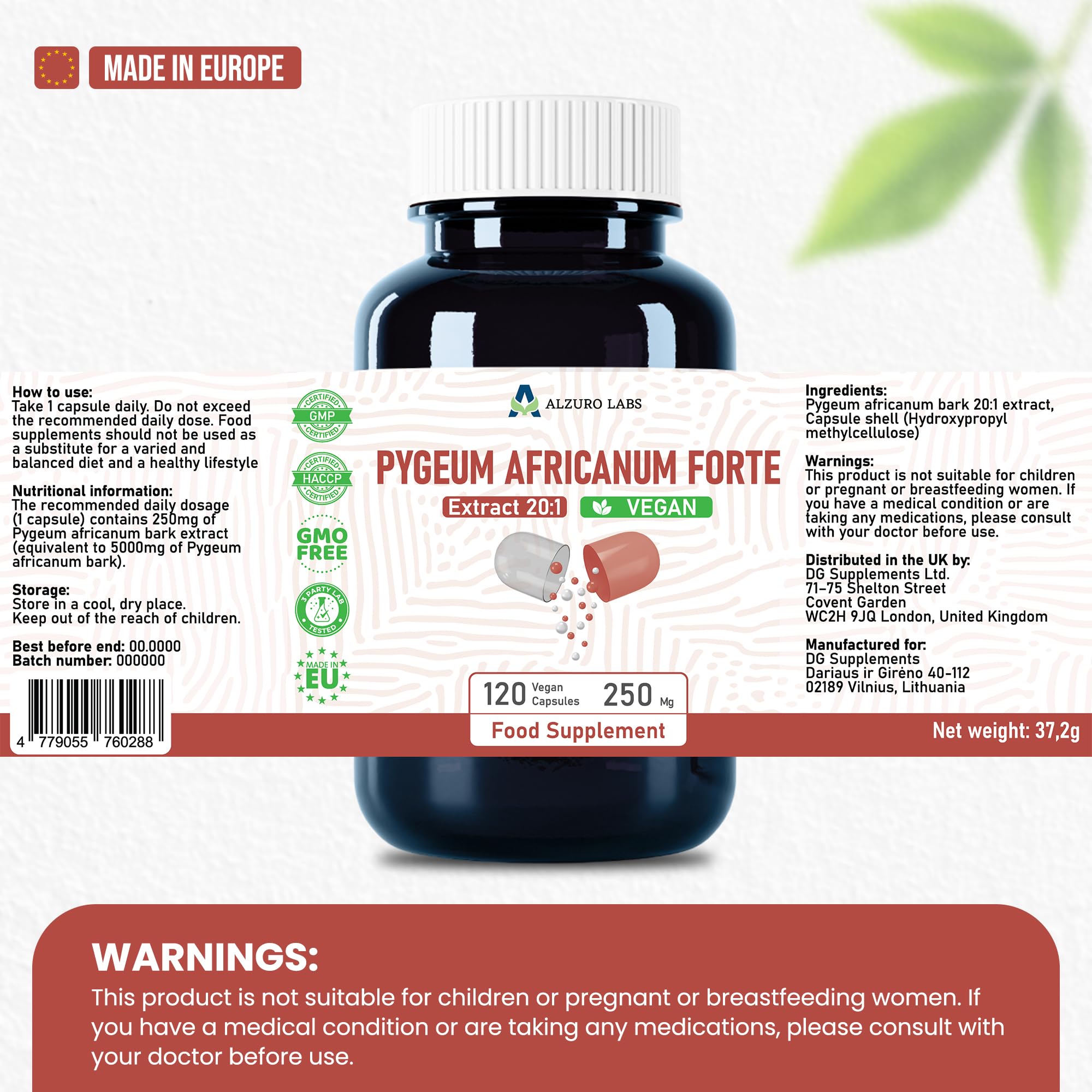 Pygeum africanum | 5.000 mg Équivalent | extrait d'écorce 20:1 250 mg (13% phytostérols) | 120 Gélules Véganes | Réserve 4 Mois | Prunus africana | GMP & Testé en Laboratoire Indépendant