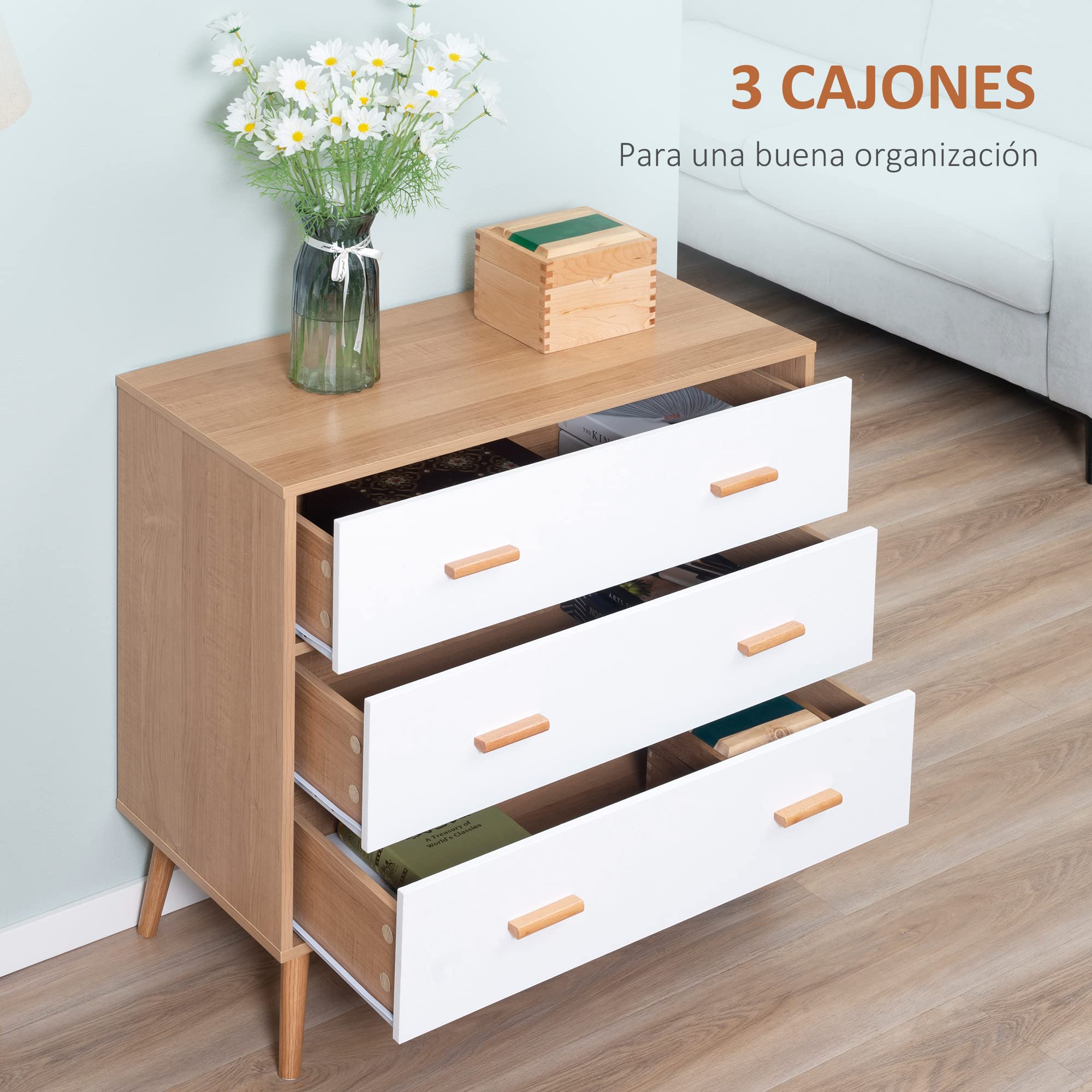 HOMCOM Cómoda de Madera 3 Cajones Dormitorio 80x39x80 cm Blanco Natural