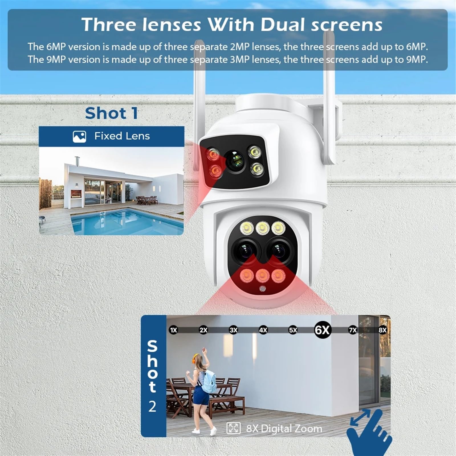 Telecamera di Sorveglianza, Telecamera IP HD 9MP 4K PTZ 6MP 8X Zoom Tre lenti Protezione di sicurezza domestica Rilevazione movimento Sorveglianza CCTV stradale esterna