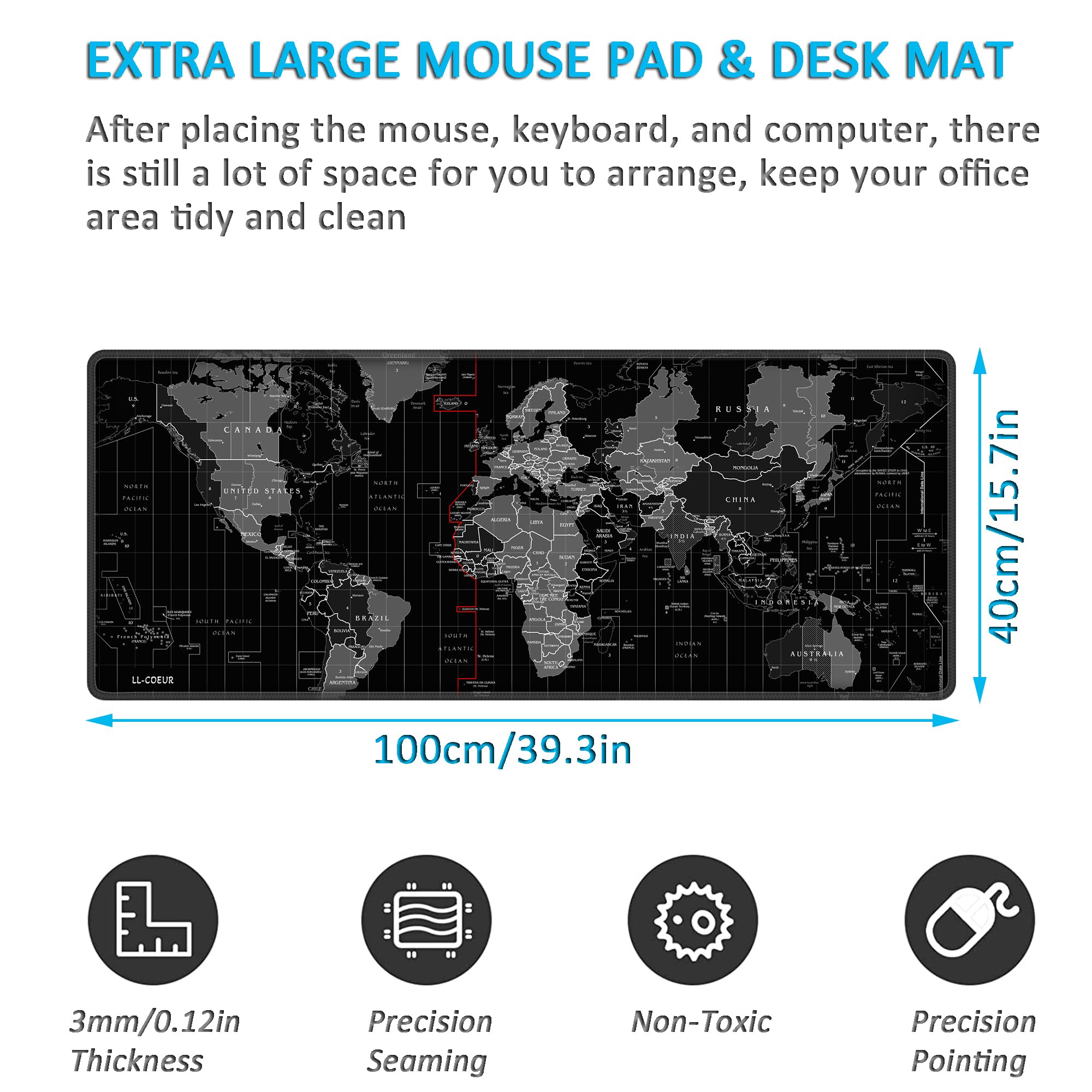 LL-COEUR XXL Mapamundi Alfombrilla de Ratón Gaming Computer Escritorio Mouse Pad (1000 x 400 x 3 mm)