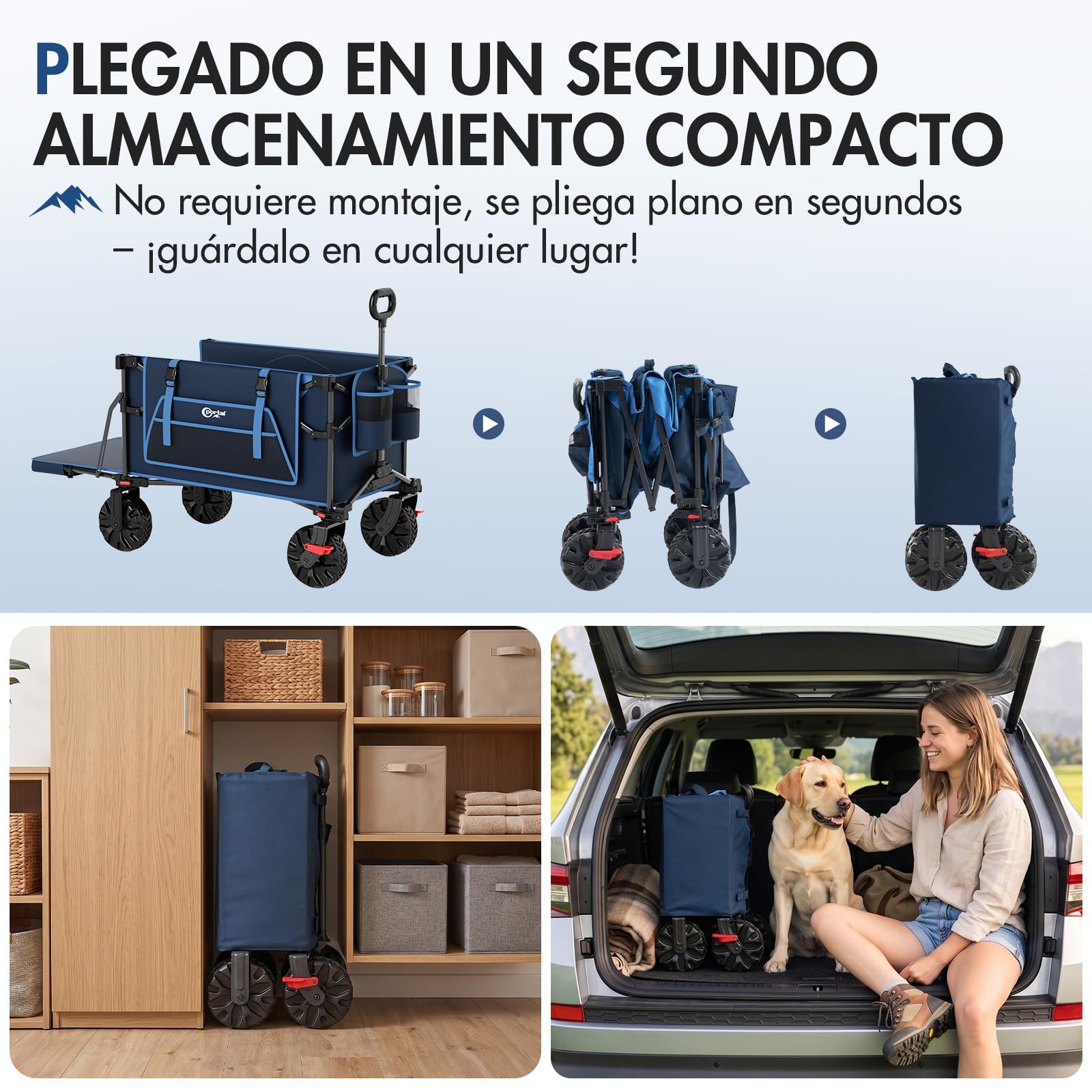 Portal Carro Playa Plegable XXL 400L – Carro Plegable de Playa con Ruedas Grandes y Portón Trasero Abatible, Capacidad 210 kg, con Freno – Vagón para Camping, Jardín y Festivales