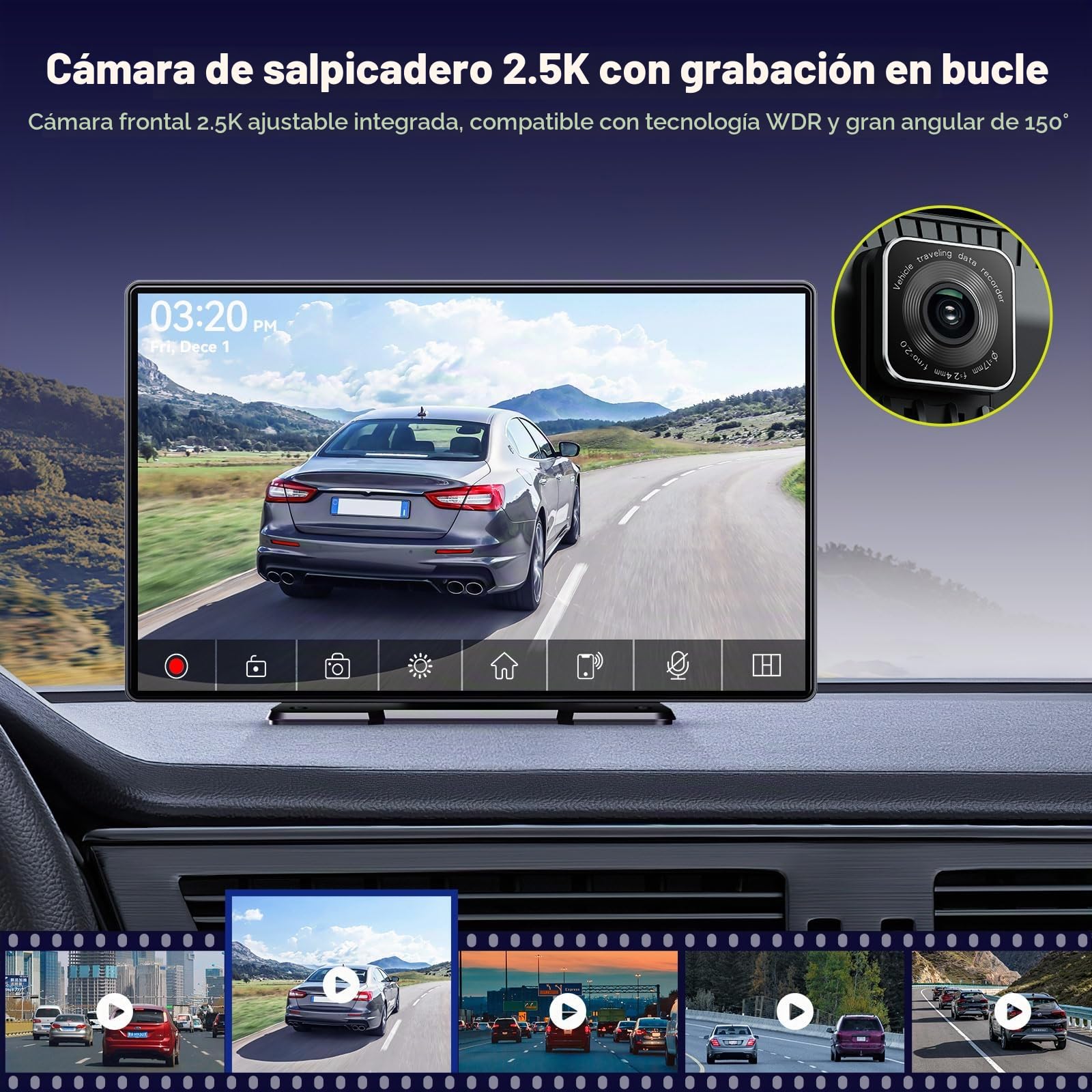 LAMTTO Pantalla carplay Coche 9 Pulgadas para carplay inalambrico&Android Auto, 2.5K Front&1080P Cámara Trasera,Autoradio Portátil Car Play con GPS,Bluetooth,Pantalla Táctil,Mirror Link,Siri&G00gle