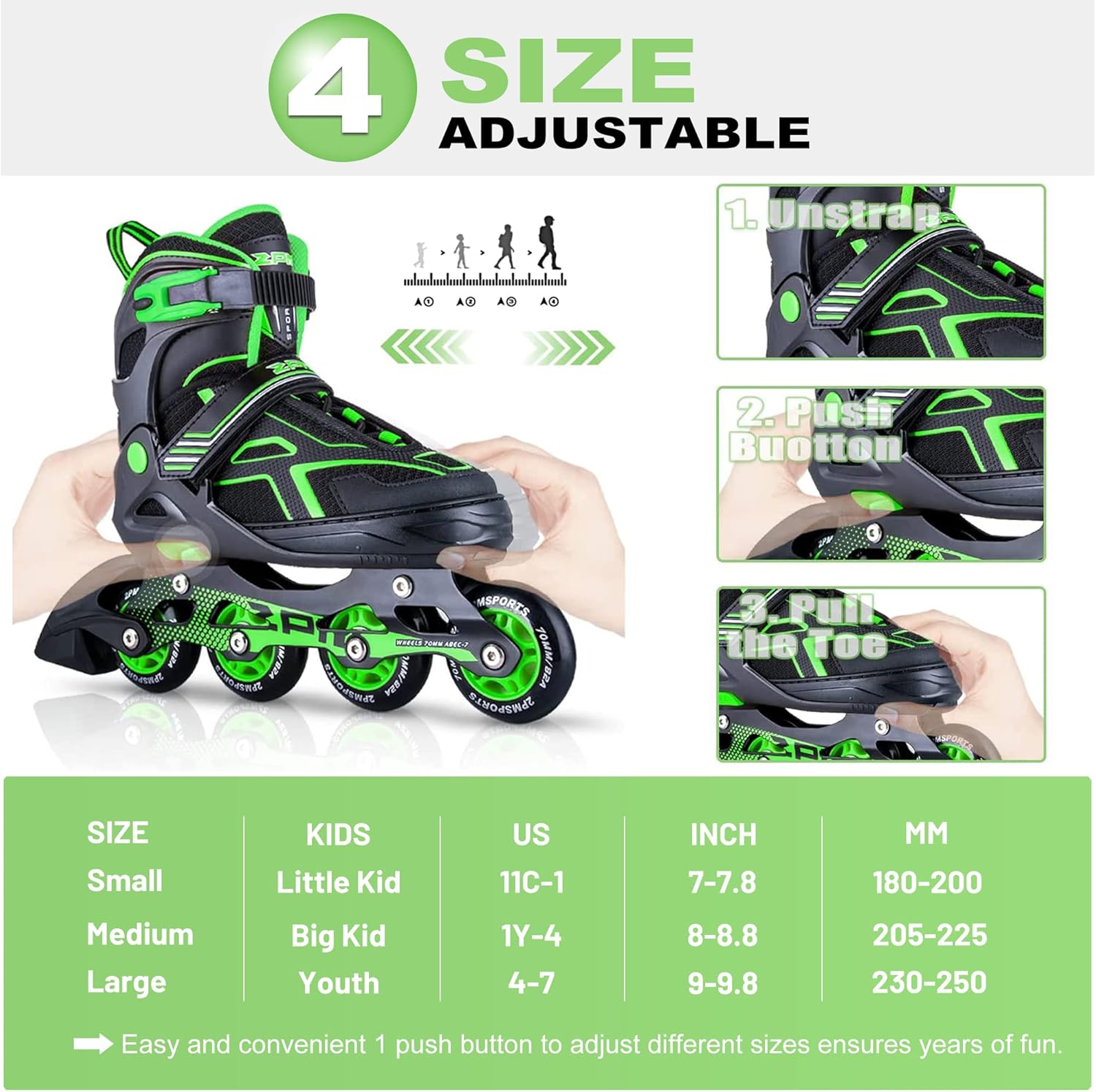 2PM SPORTS Green S Inline Skates & Green M Protective Gear Set