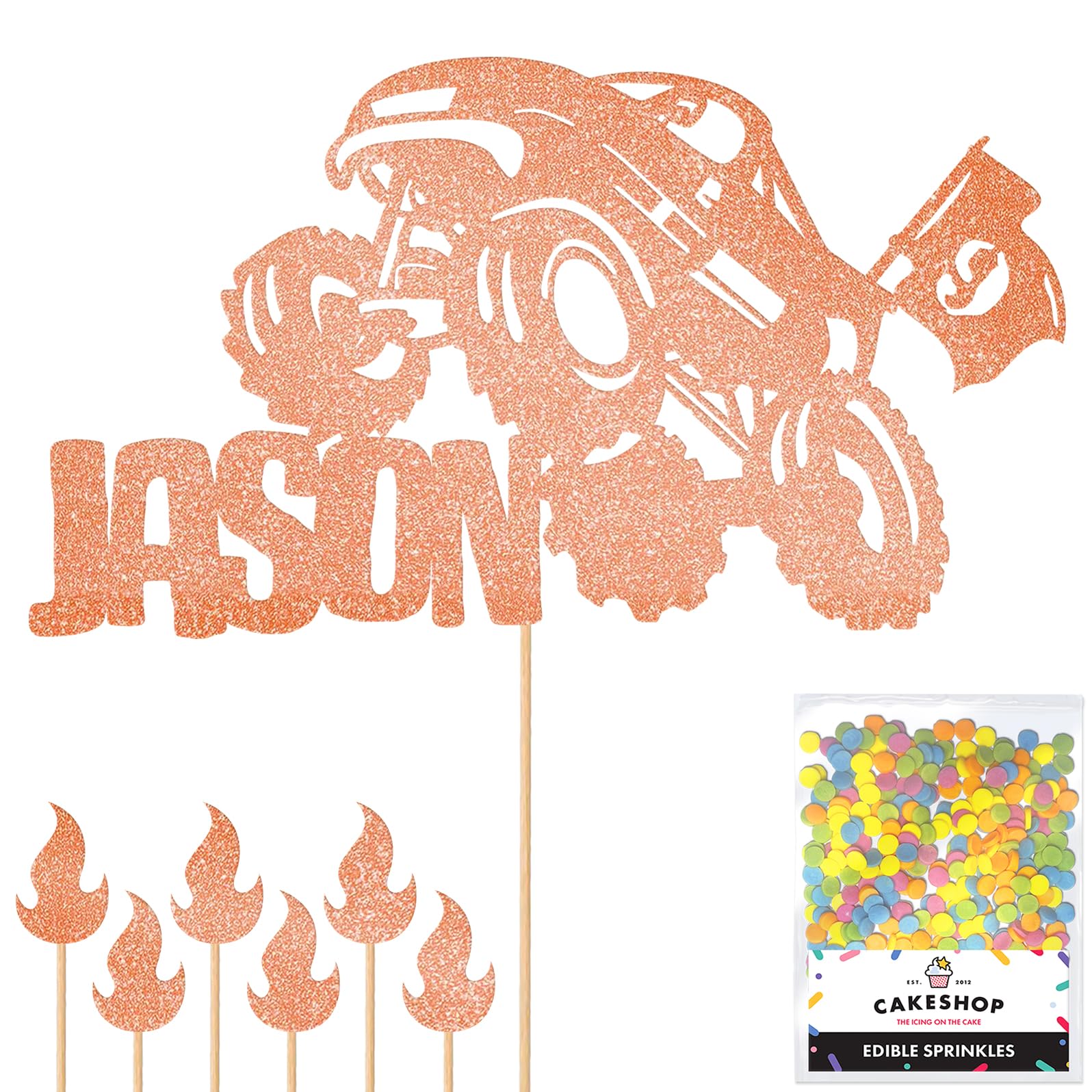 Personalised Off-Road Monster Truck 4x4 Glitter Topper Rose Gold Custom Name Hot Wheels Glitter Cake Decoration and Sprinkles - Happy Birthday Decorations - Personalised Toppers for Cakes by Cakeshop