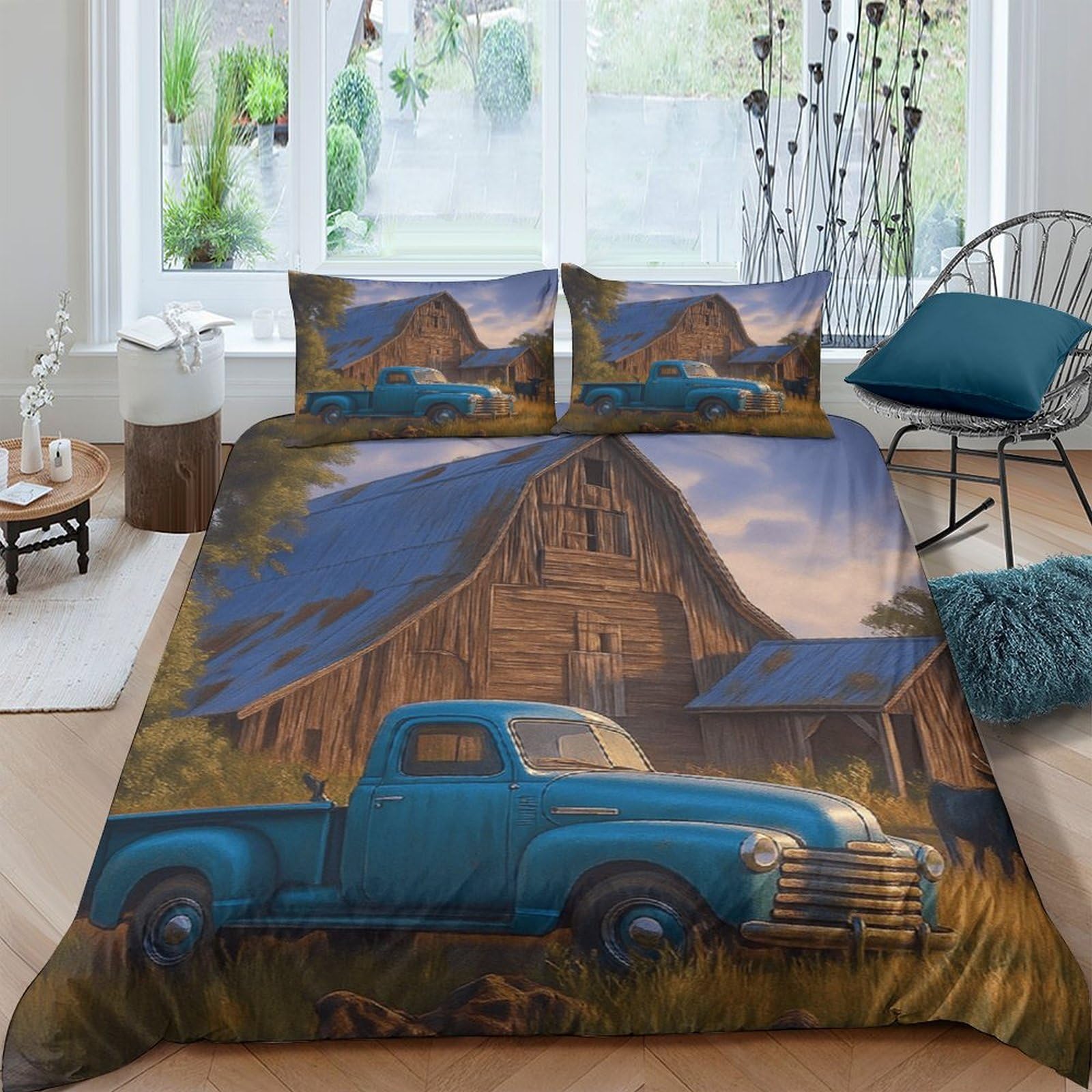 P5V6M1Q9 3D Printed Vintage Blue Truck Farm Barn Duvet Cover Microfiber Breathable Bedding Set with 2 Pillowcases for Bedroom Decor Single（135x200cm）