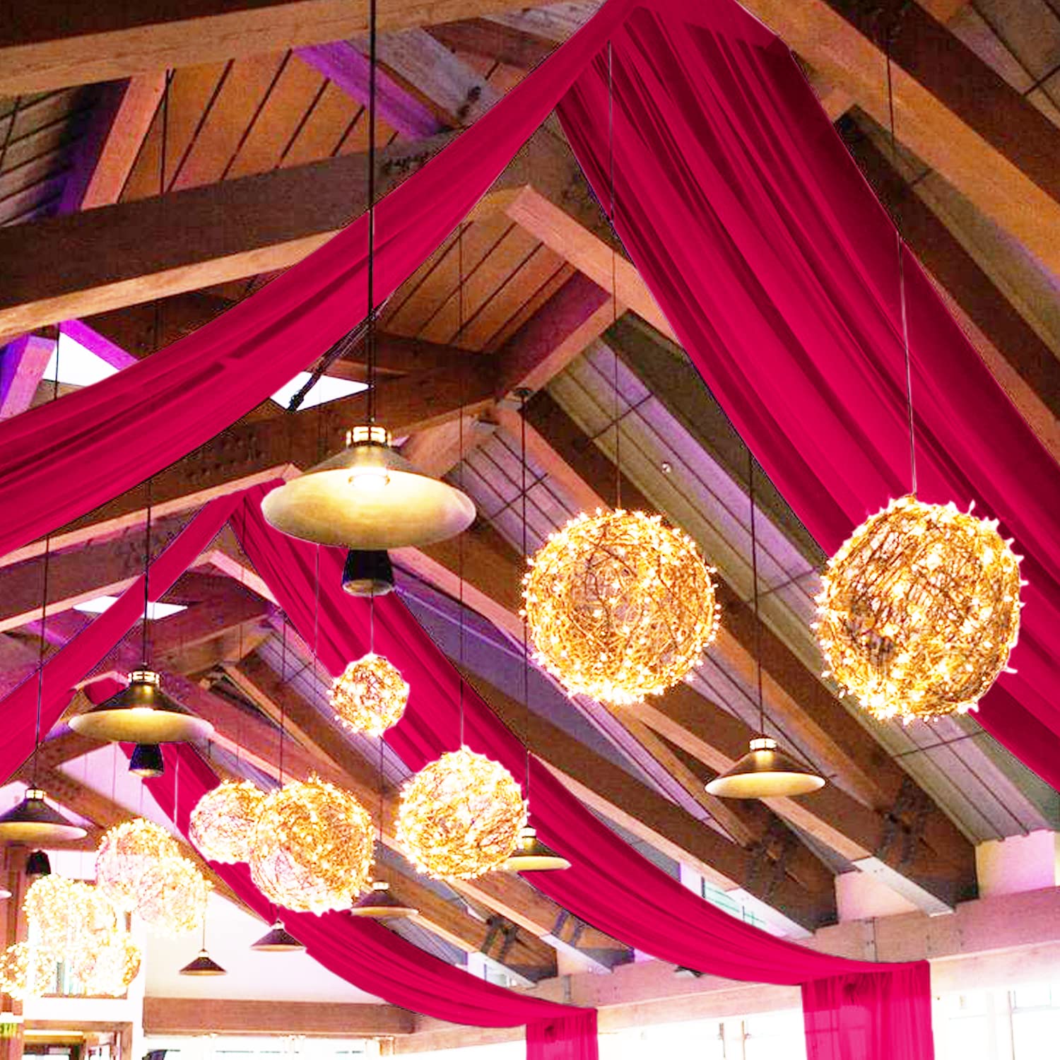 FOTSHARER 6 Paneele Deckenvorhänge für Hochzeiten, Chiffon, Hochzeitsvorhänge, 152 x 300 cm, Tüll, Fuchsia, Drapierstoff, Zelt, Decke, Vorhang für Party, Abschlussball, Brautparty, Hintergrund