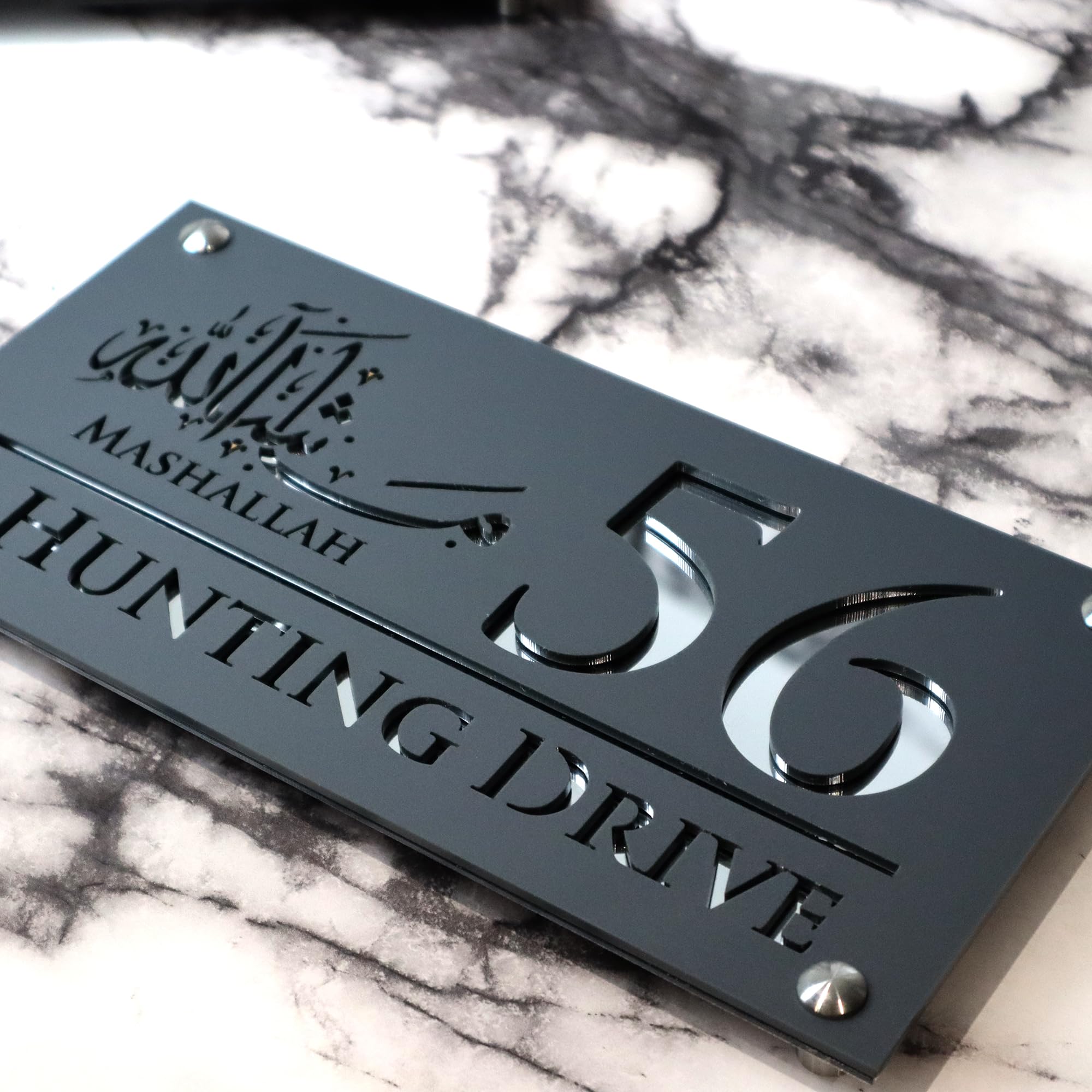 K SMART SIGN | Mashallah Luxe H1 | House sign door number Ma Sha Allah laser personalised address wall plaques numbers Signs Ma Shaa Allah and Masha Allah (Grey & Silver Mirror) โ image 1