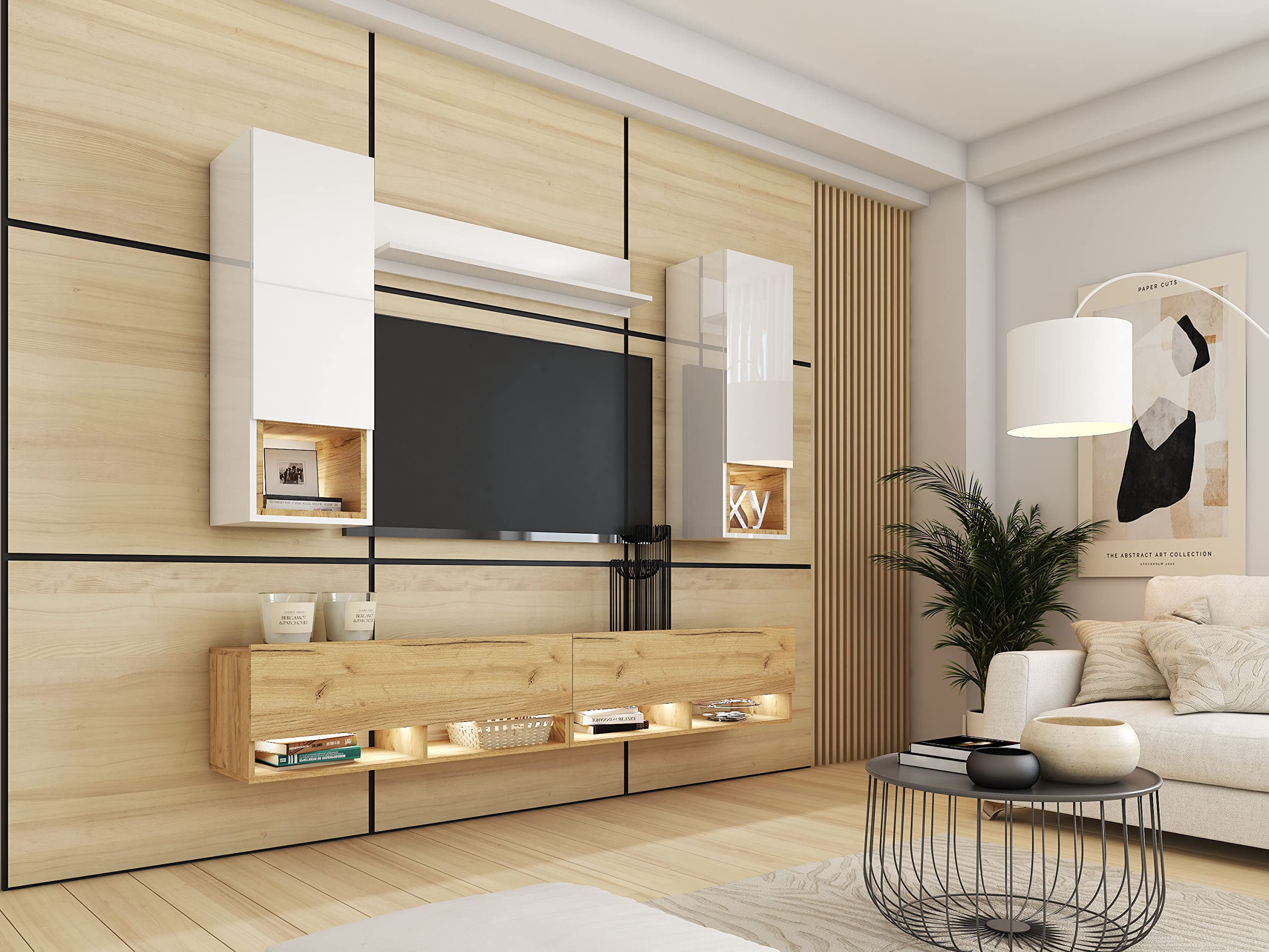 BROMARKT Premium Wohnwand Wohnzimmer Set 5 Teile – Wohnzimmer Schrank - Wohnzimmer Möbel mit Wandschrank und TV Schrank - Wohnzimmerschrank Komplett Möbel - Eiche Craft und Hochglanz Weiß