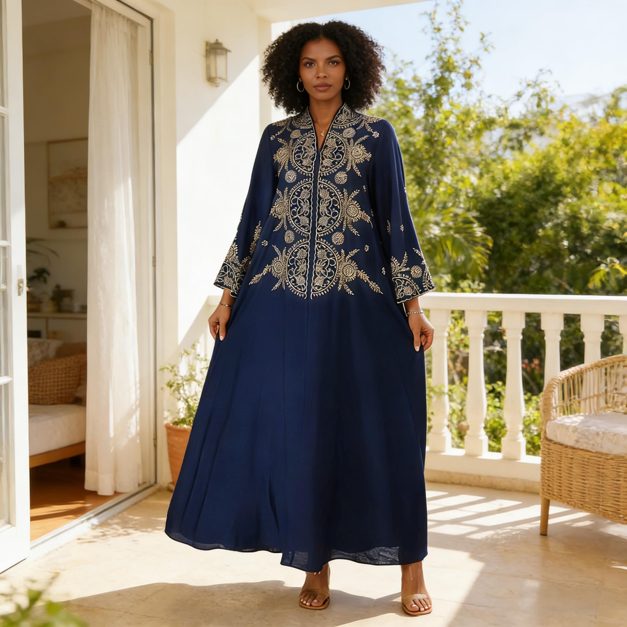 zhxinashu Abaya de Mujer Musulmana con Flores, Vestido Largo Tradicional con Intrincado Estampado Floral, Kaftan Mujere de Largo Completo para Fiesta de Boda, Celebraciones de Ramadan(Azul,L)