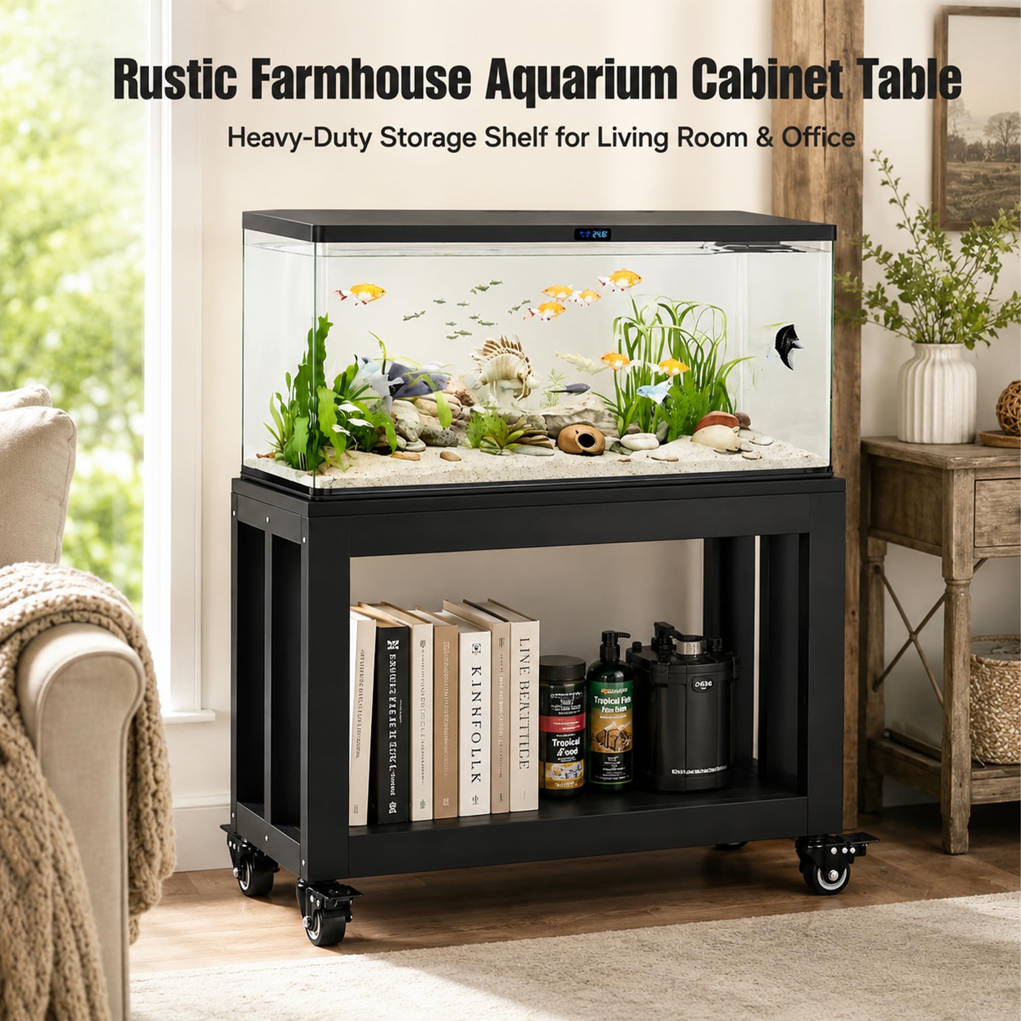 JSWHYBD Mueble para acuario 184 L con ruedas, soporte terrario de 2 niveles | Base robusta y estable con estante para salón, oficina, peces, tortugas y reptiles(C)